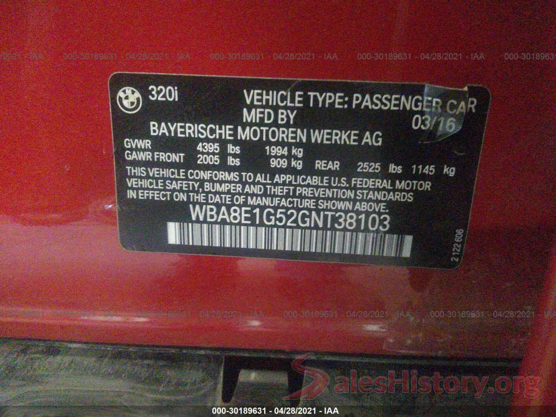 WBA8E1G52GNT38103 2016 BMW 3 SERIES