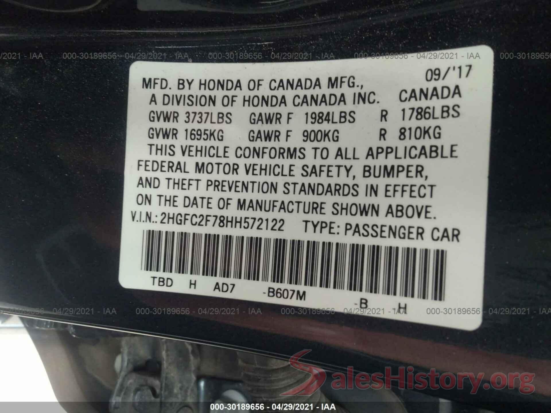 2HGFC2F78HH572122 2017 HONDA CIVIC SEDAN