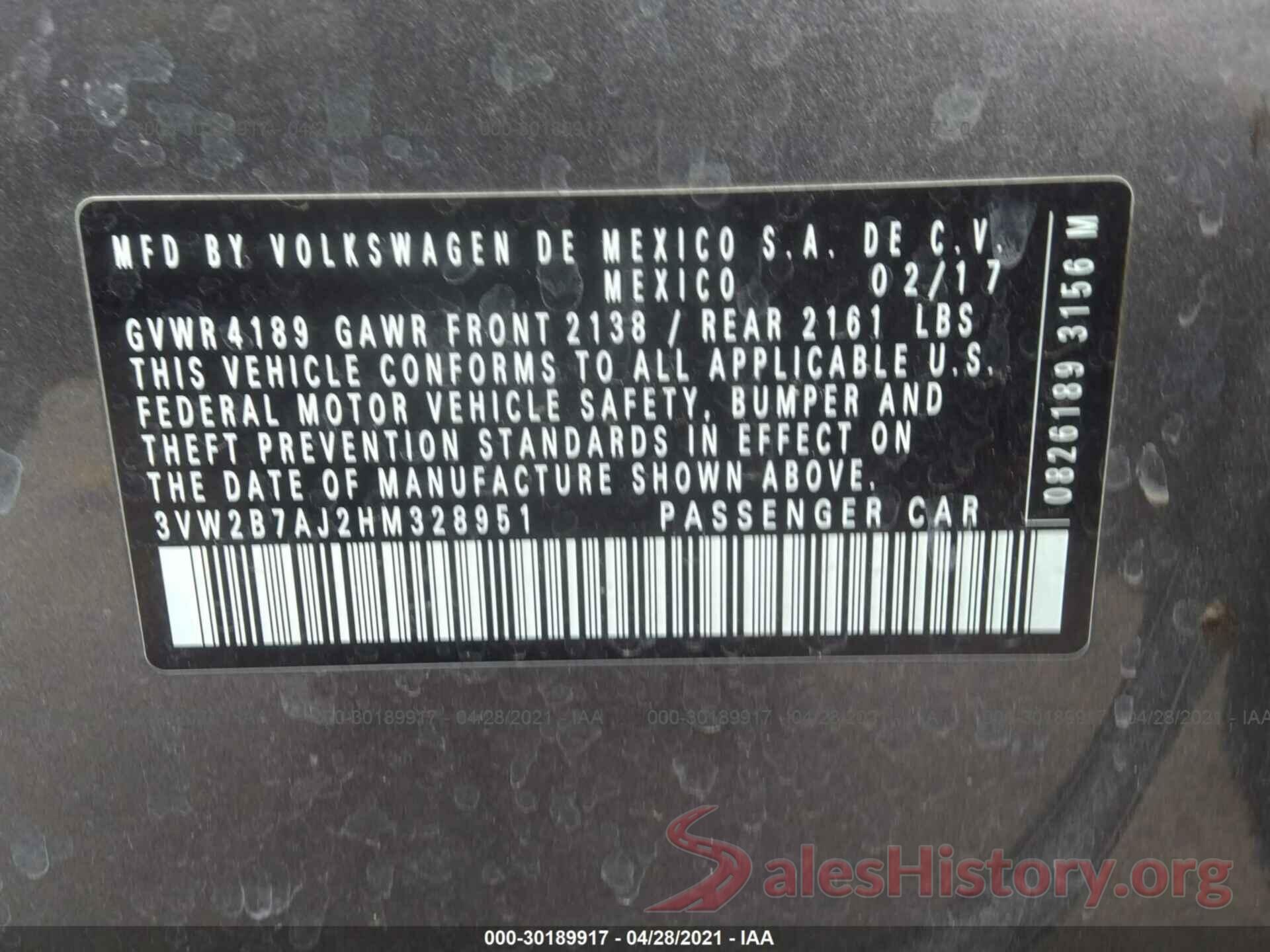 3VW2B7AJ2HM328951 2017 VOLKSWAGEN JETTA