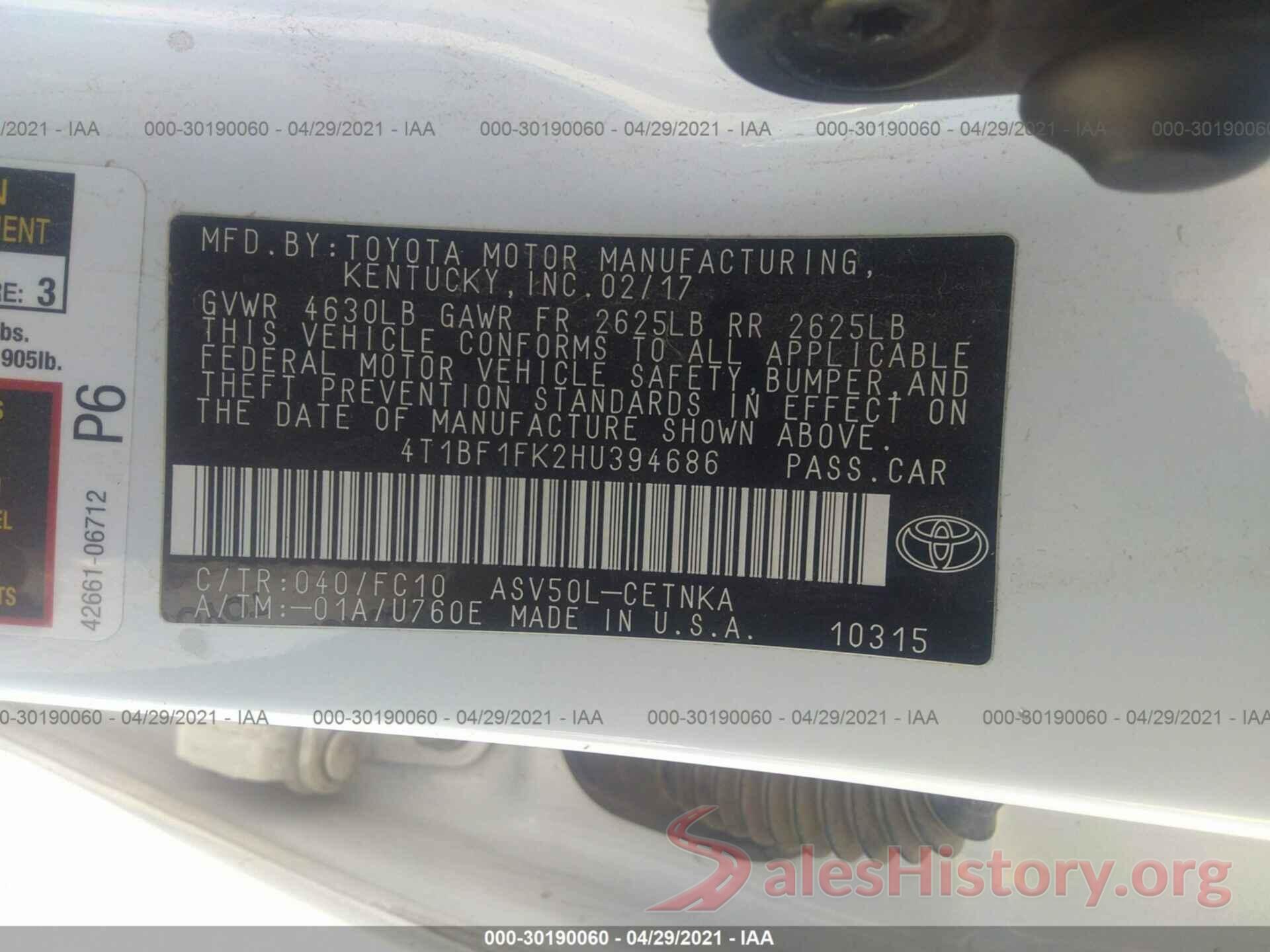 4T1BF1FK2HU394686 2017 TOYOTA CAMRY