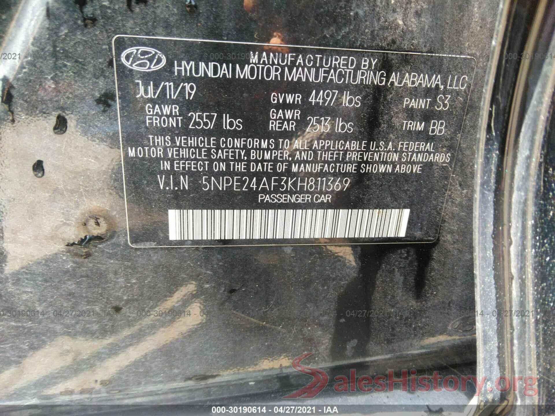 5NPE24AF3KH811369 2019 HYUNDAI SONATA