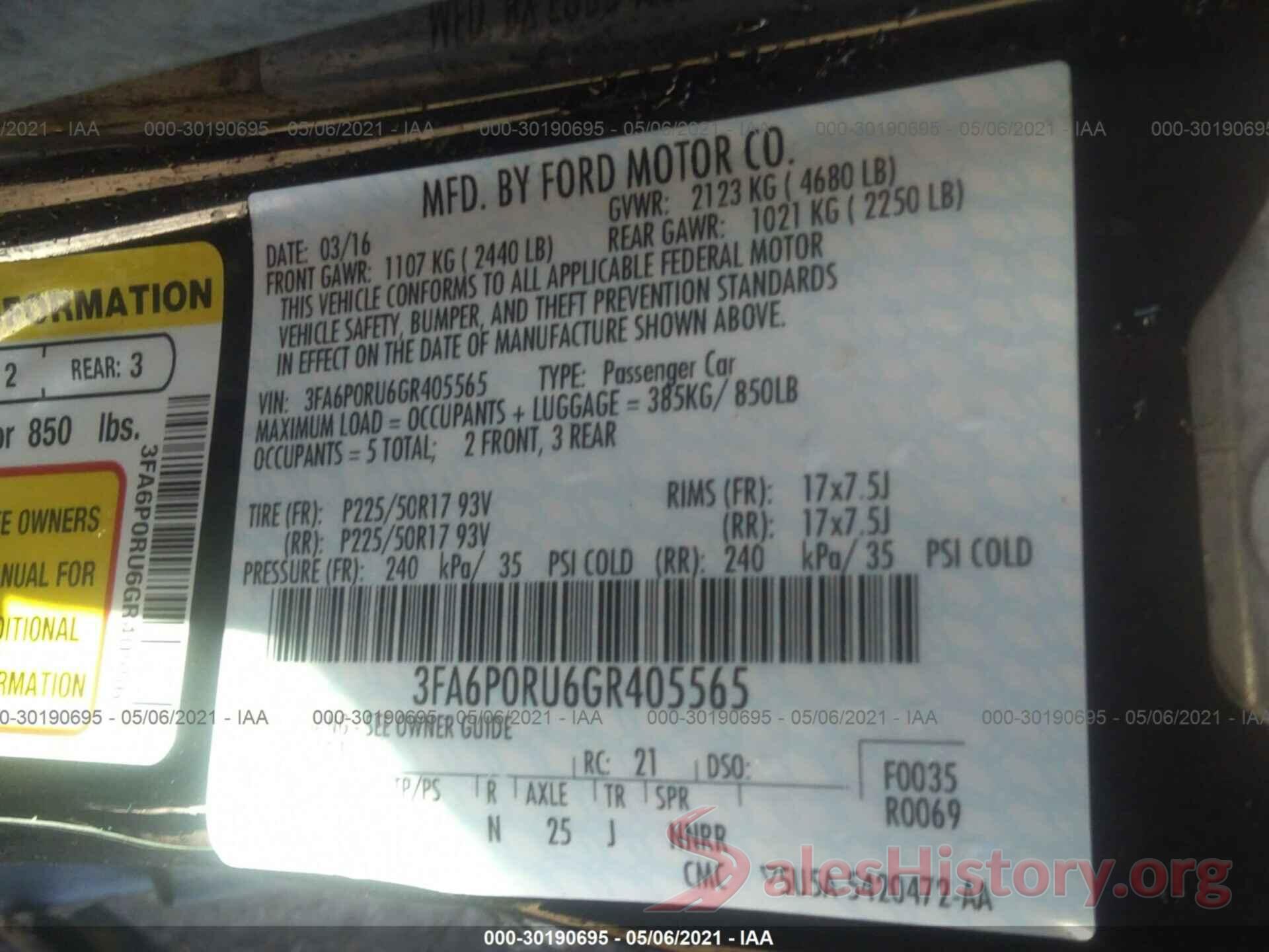 3FA6P0RU6GR405565 2016 FORD FUSION