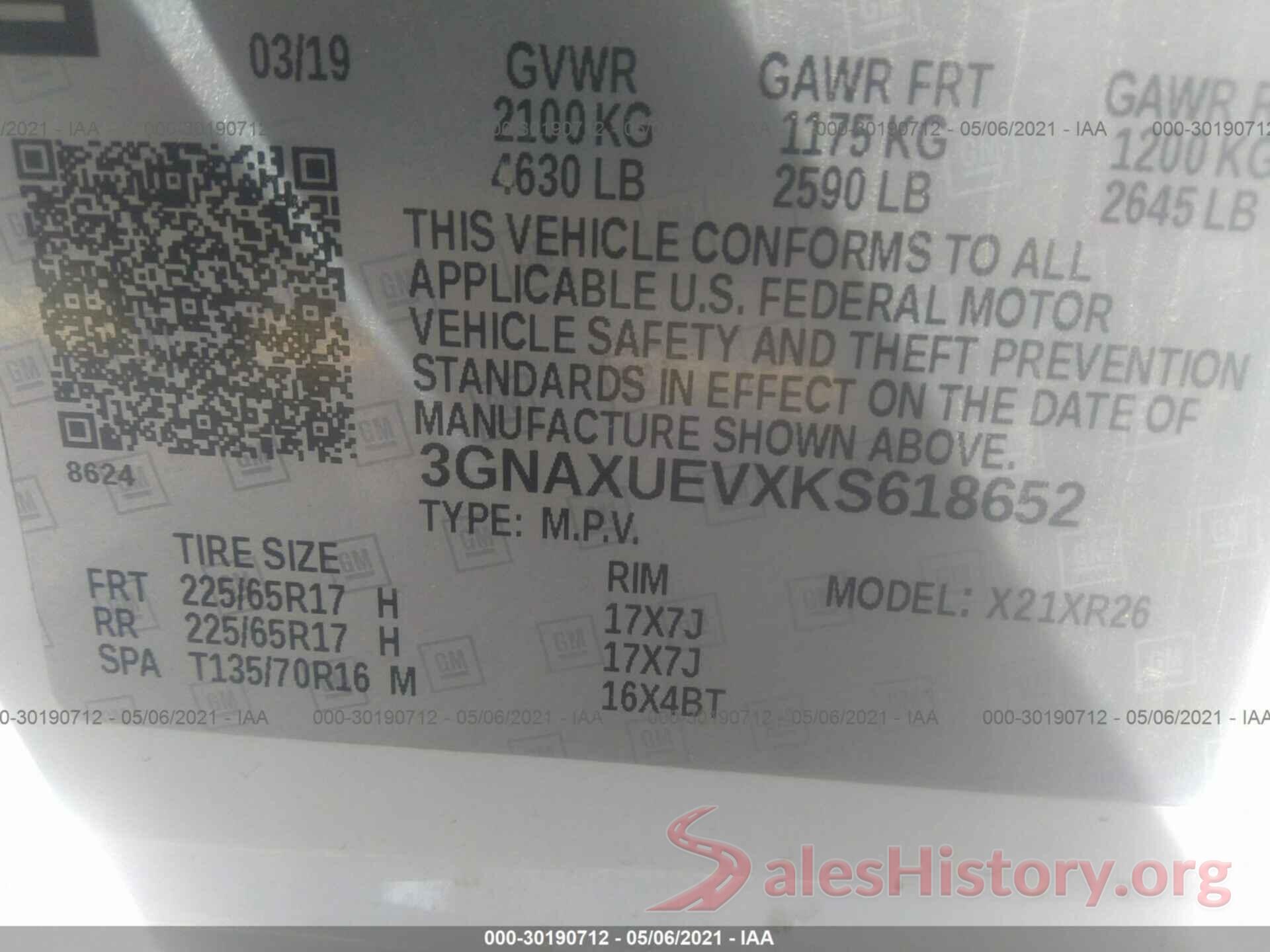 3GNAXUEVXKS618652 2019 CHEVROLET EQUINOX