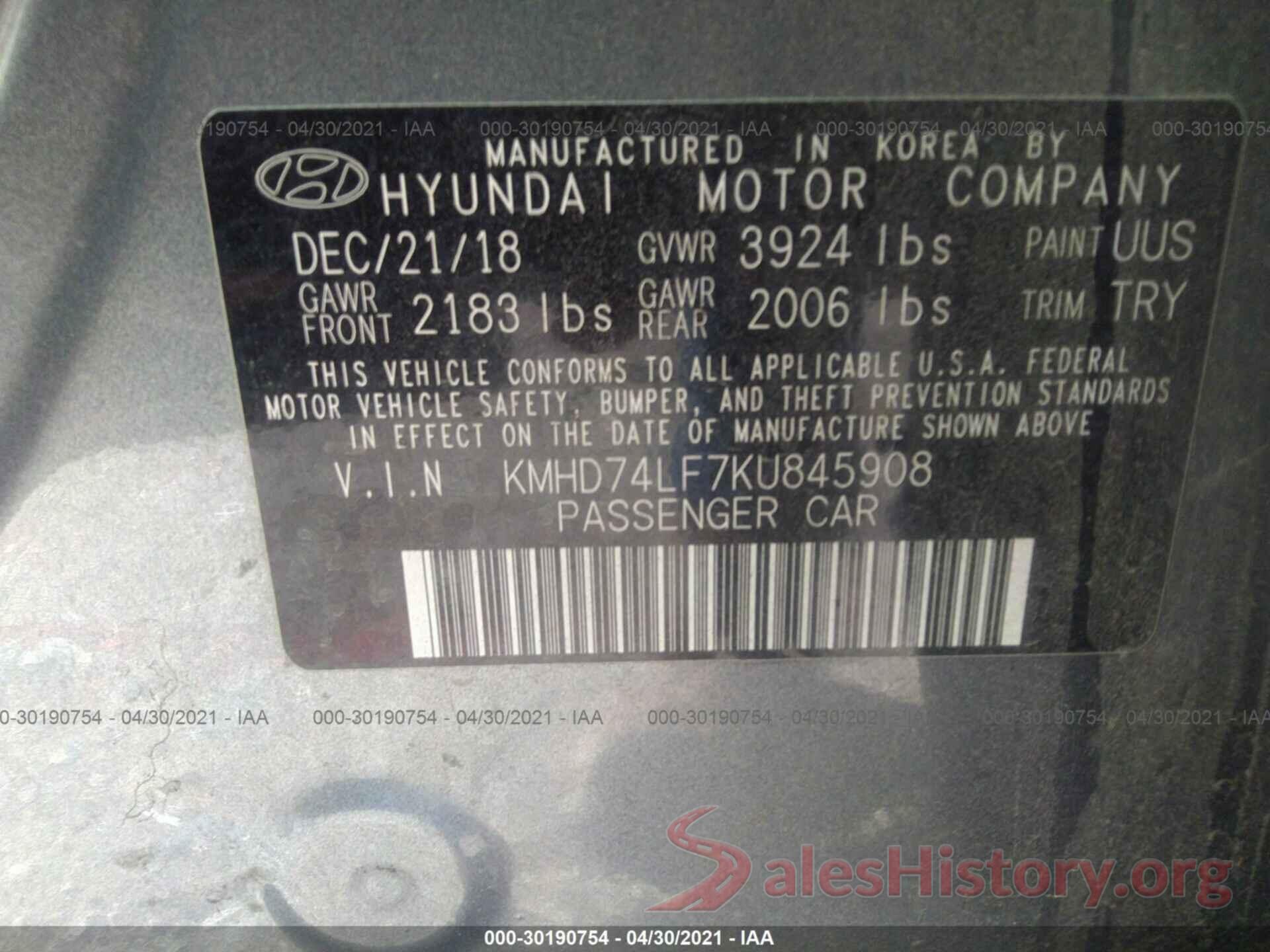 KMHD74LF7KU845908 2019 HYUNDAI ELANTRA