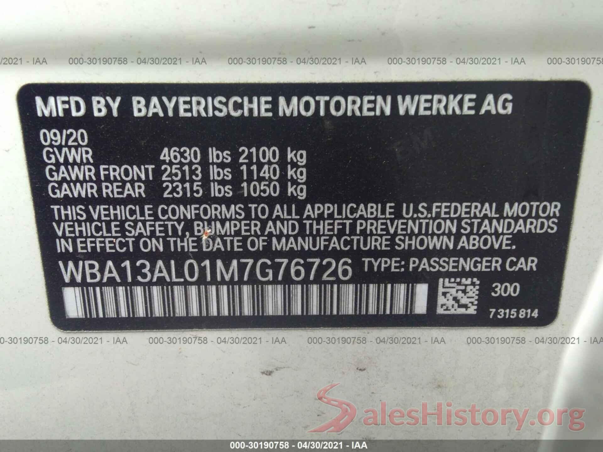 WBA13AL01M7G76726 2021 BMW 2 SERIES