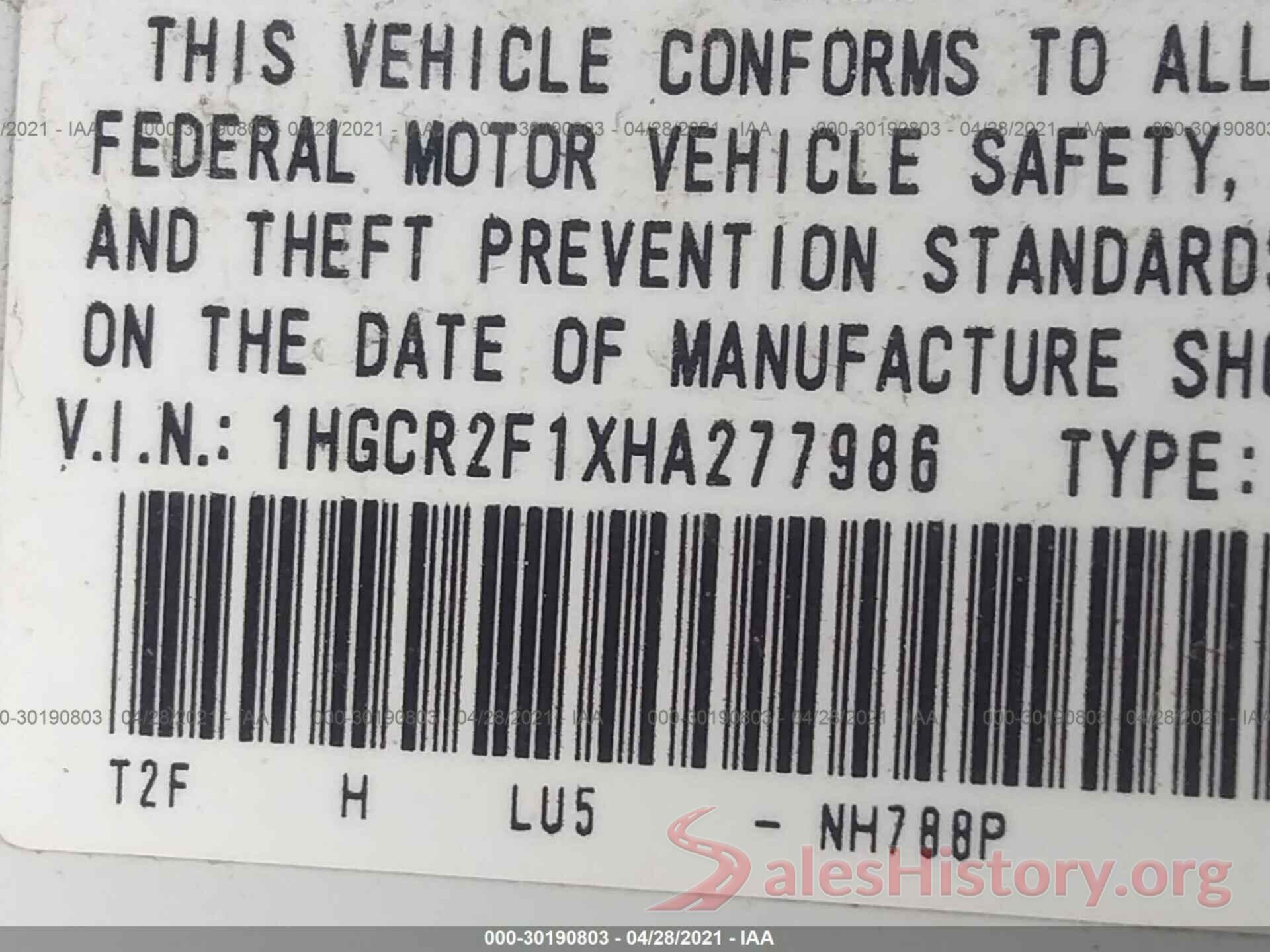 1HGCR2F1XHA277986 2017 HONDA ACCORD SEDAN