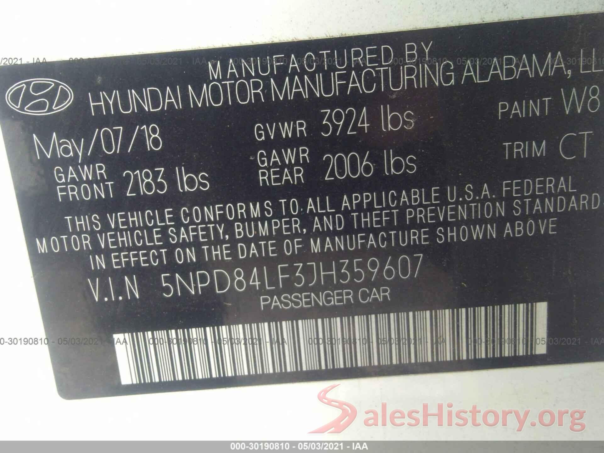 5NPD84LF3JH359607 2018 HYUNDAI ELANTRA