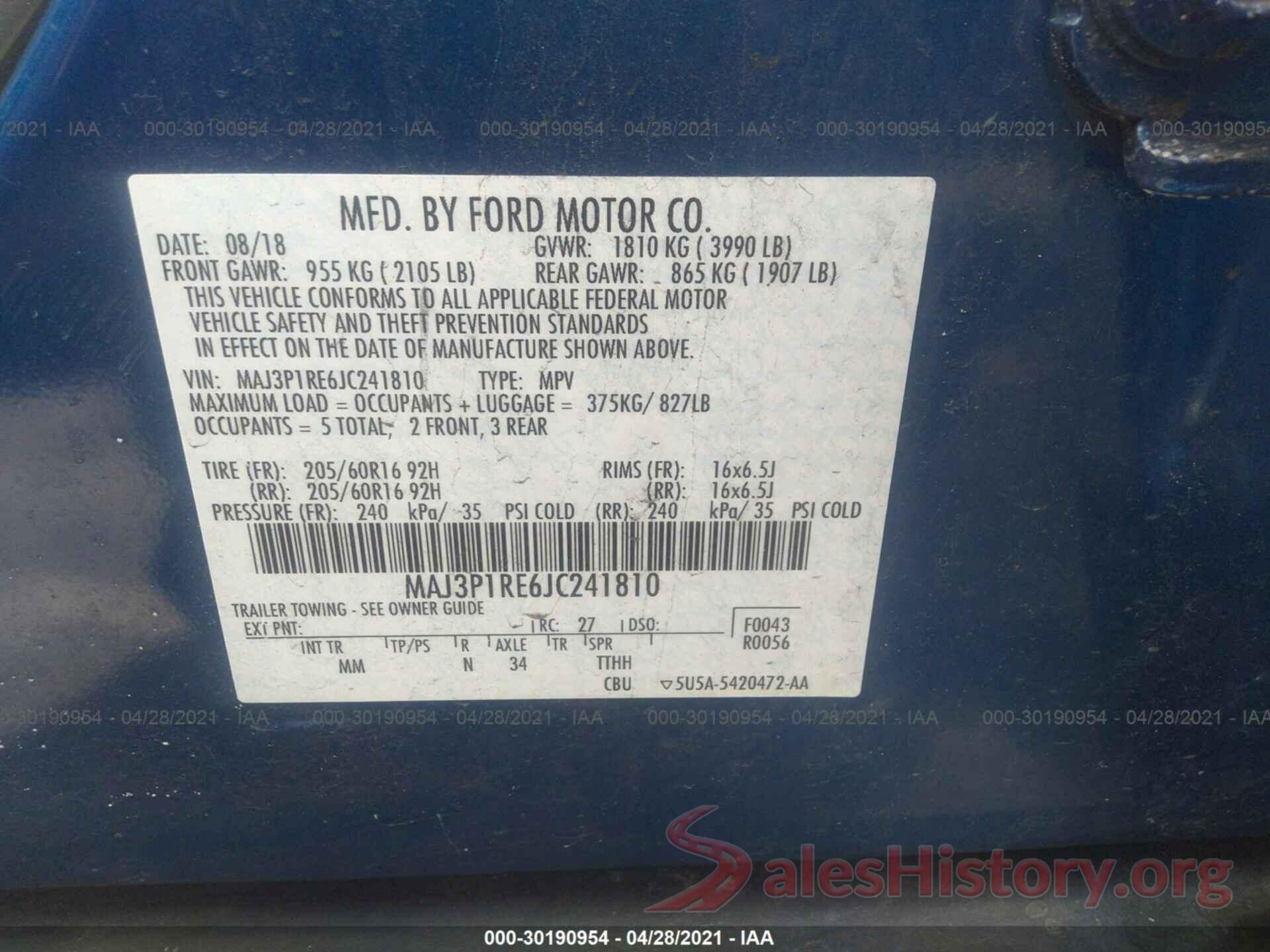 MAJ3P1RE6JC241810 2018 FORD ECOSPORT