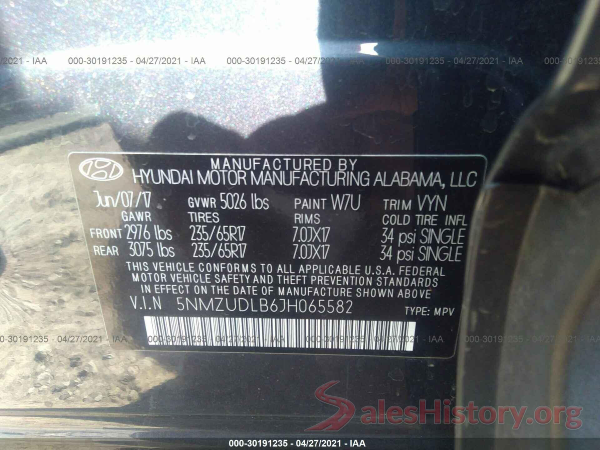 5NMZUDLB6JH065582 2018 HYUNDAI SANTA FE SPORT