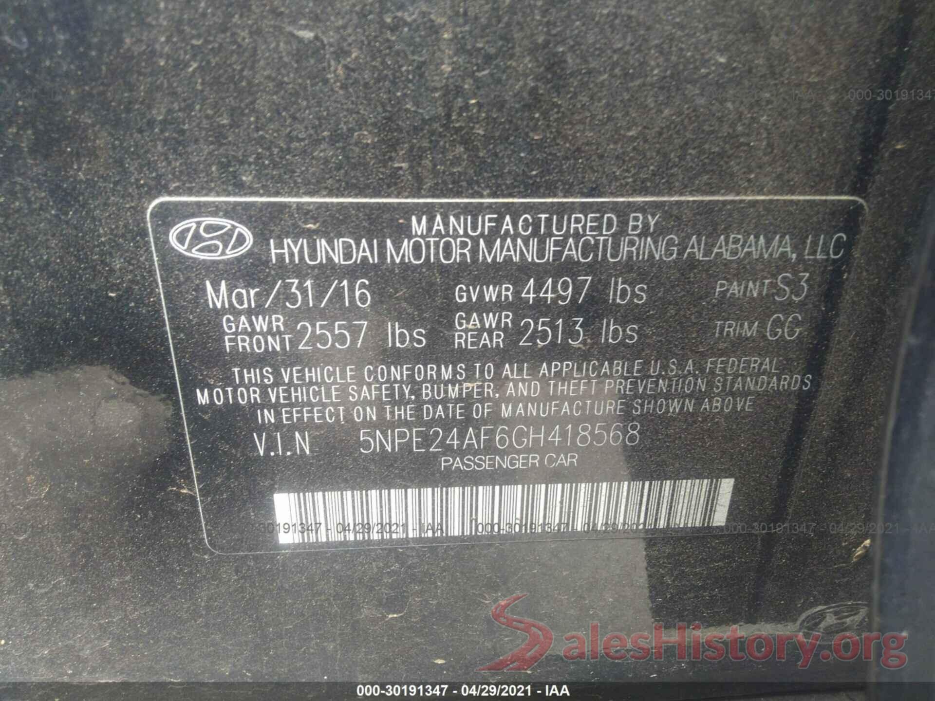 5NPE24AF6GH418568 2016 HYUNDAI SONATA