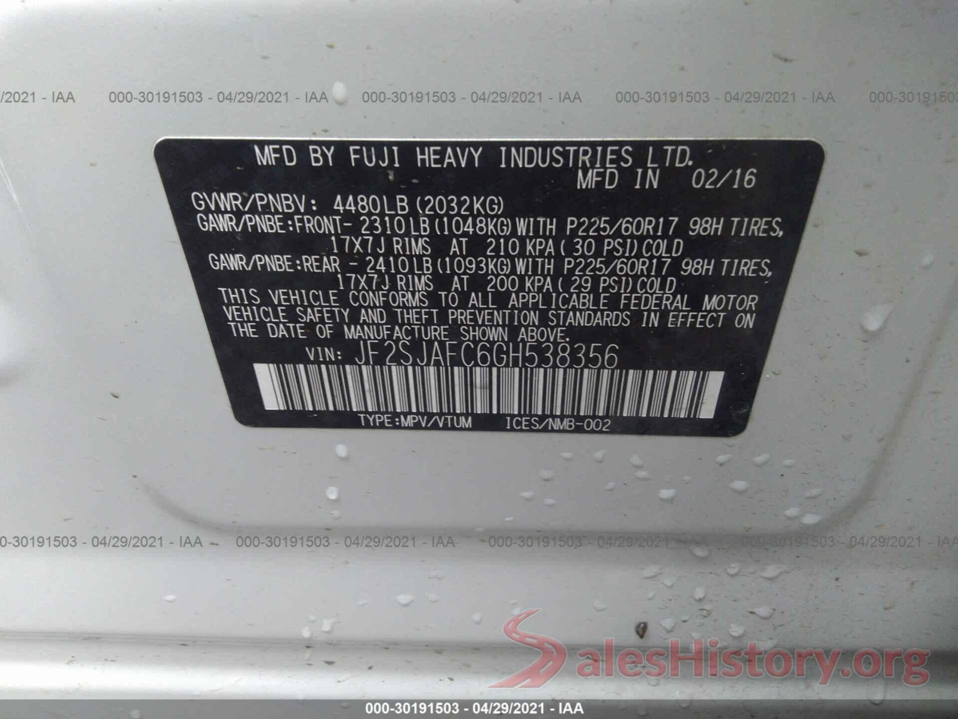 JF2SJAFC6GH538356 2016 SUBARU FORESTER