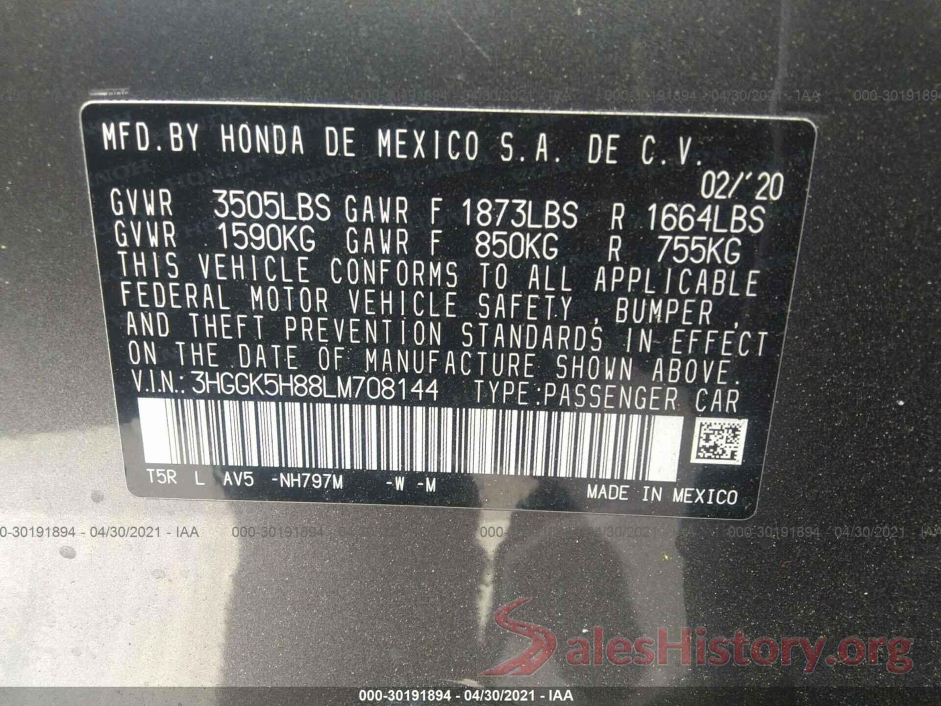 3HGGK5H88LM708144 2020 HONDA FIT