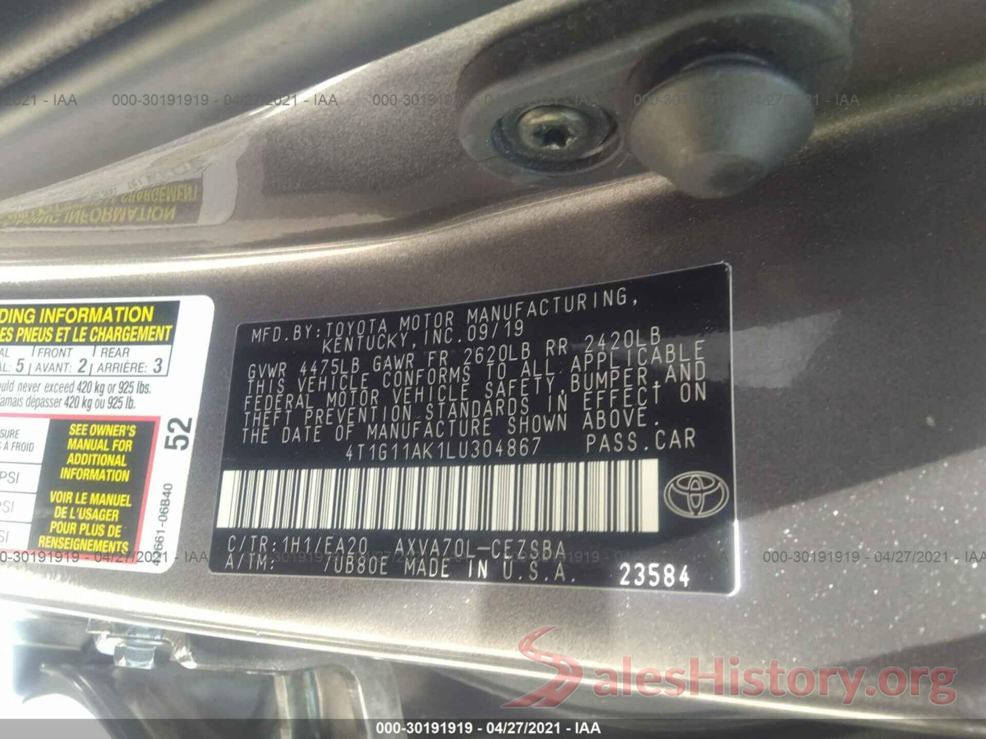 4T1G11AK1LU304867 2020 TOYOTA CAMRY