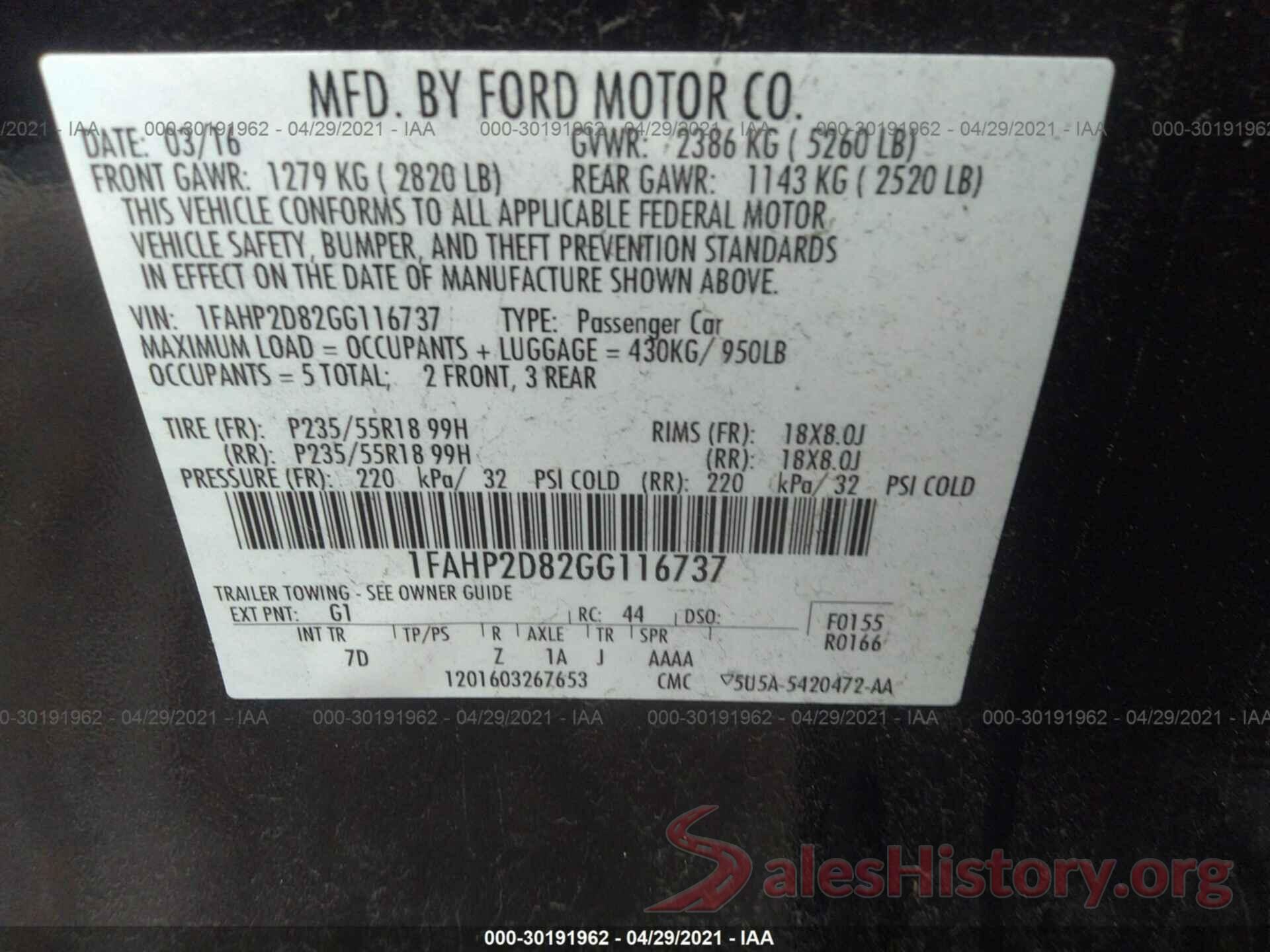 1FAHP2D82GG116737 2016 FORD TAURUS