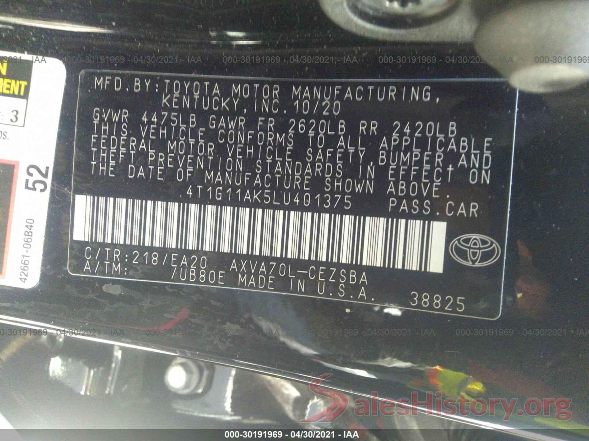 4T1G11AK5LU401375 2020 TOYOTA CAMRY