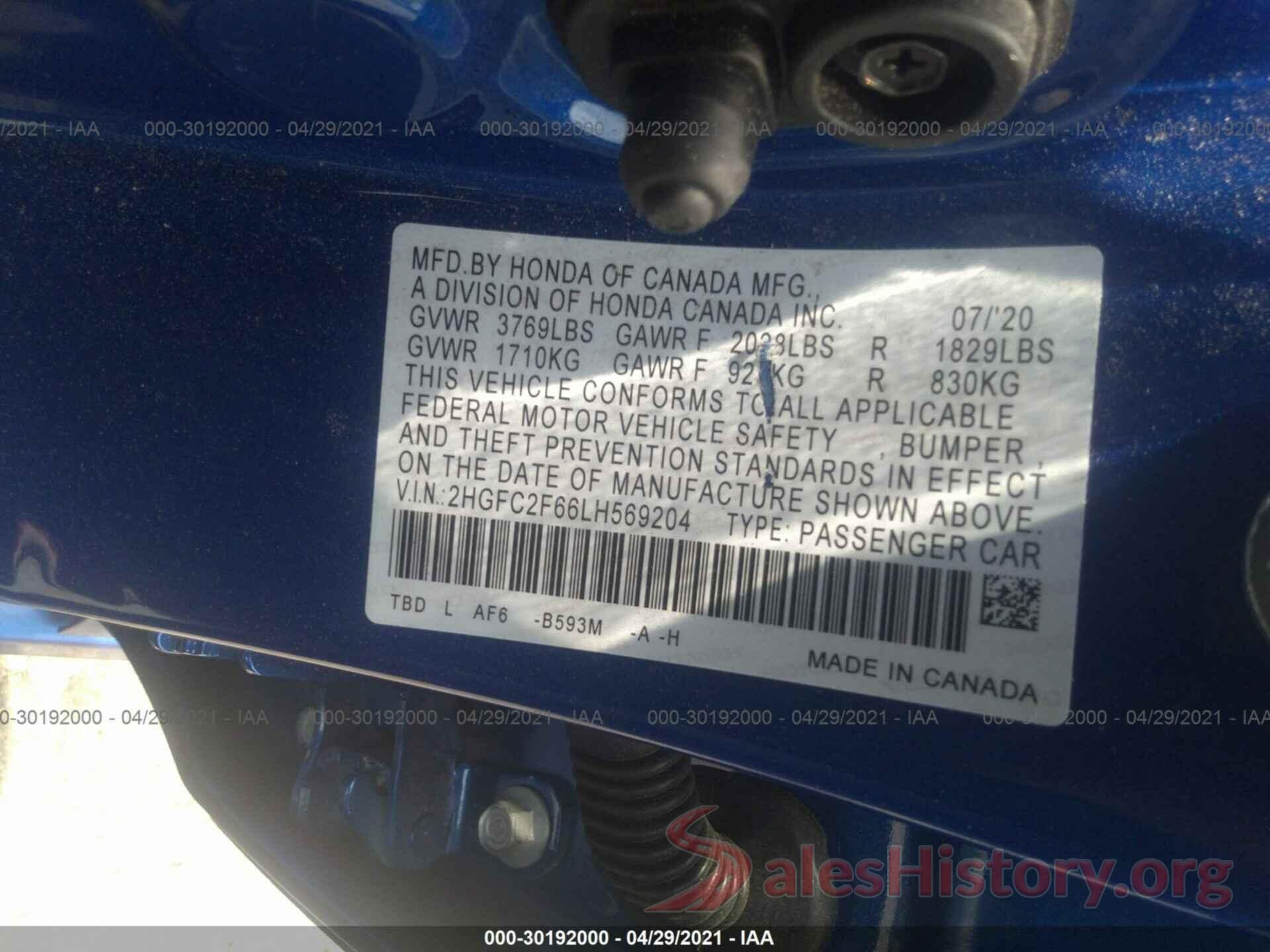 2HGFC2F66LH569204 2020 HONDA CIVIC SEDAN