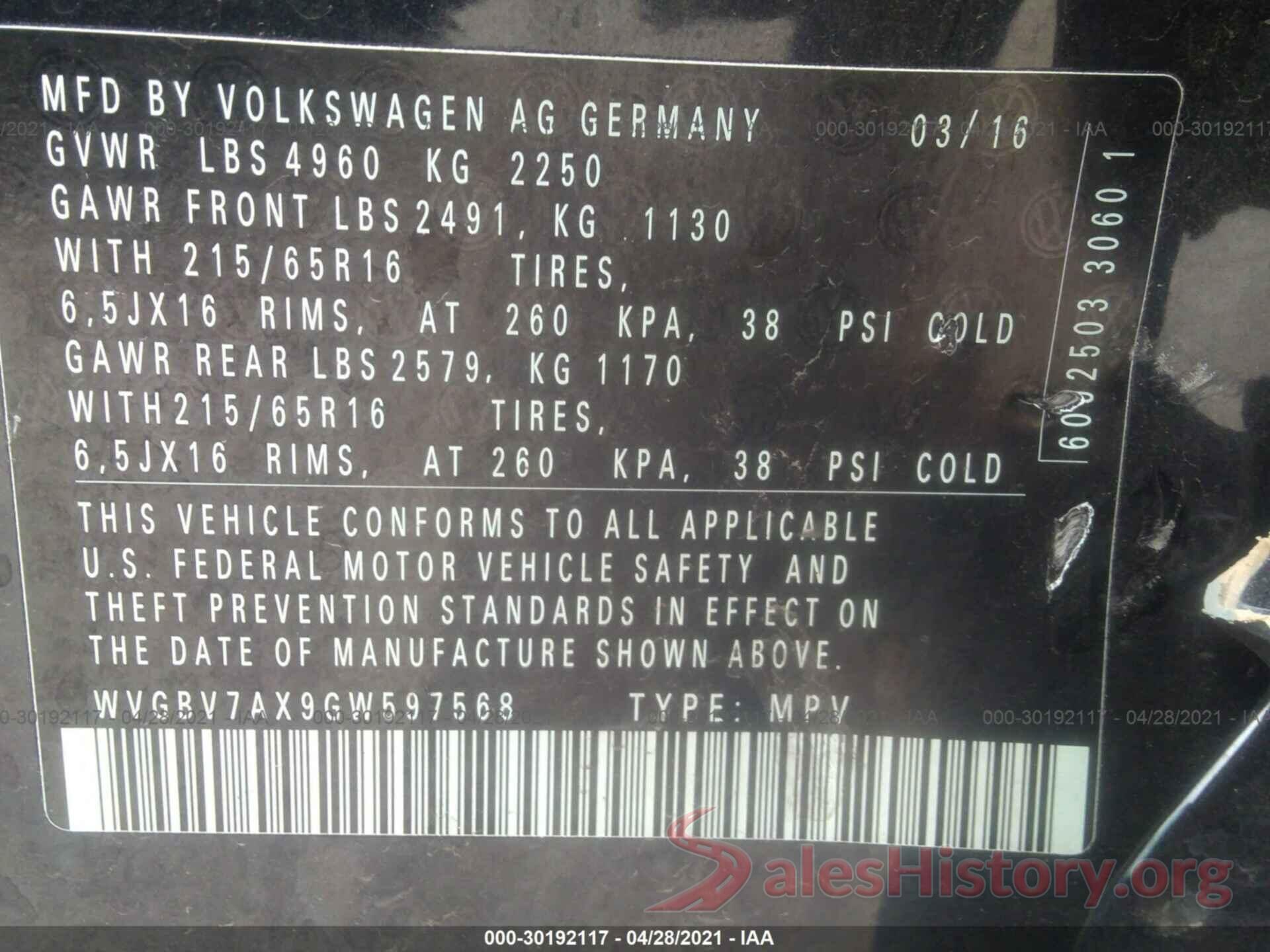 WVGBV7AX9GW597568 2016 VOLKSWAGEN TIGUAN