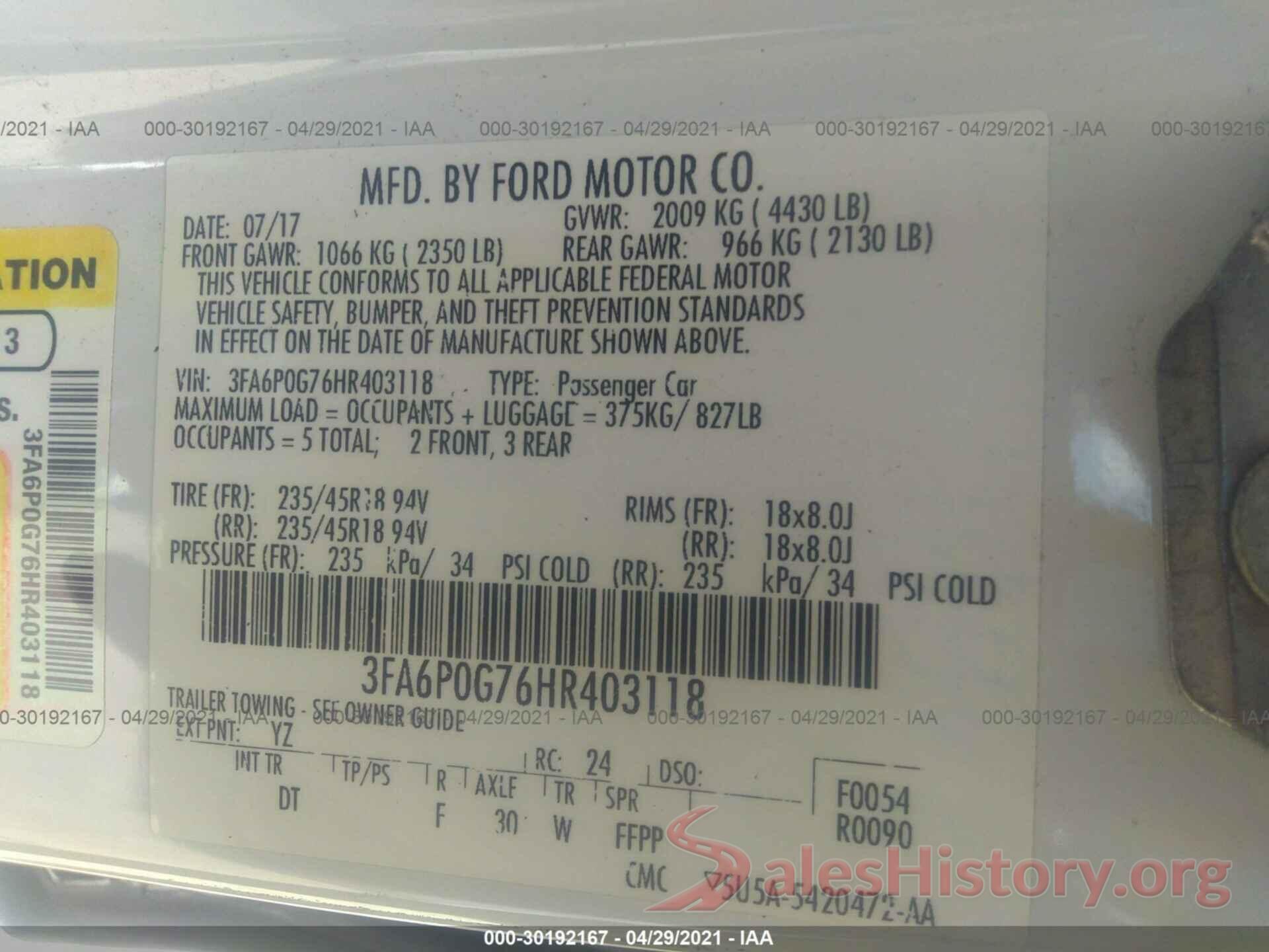 3FA6P0G76HR403118 2017 FORD FUSION