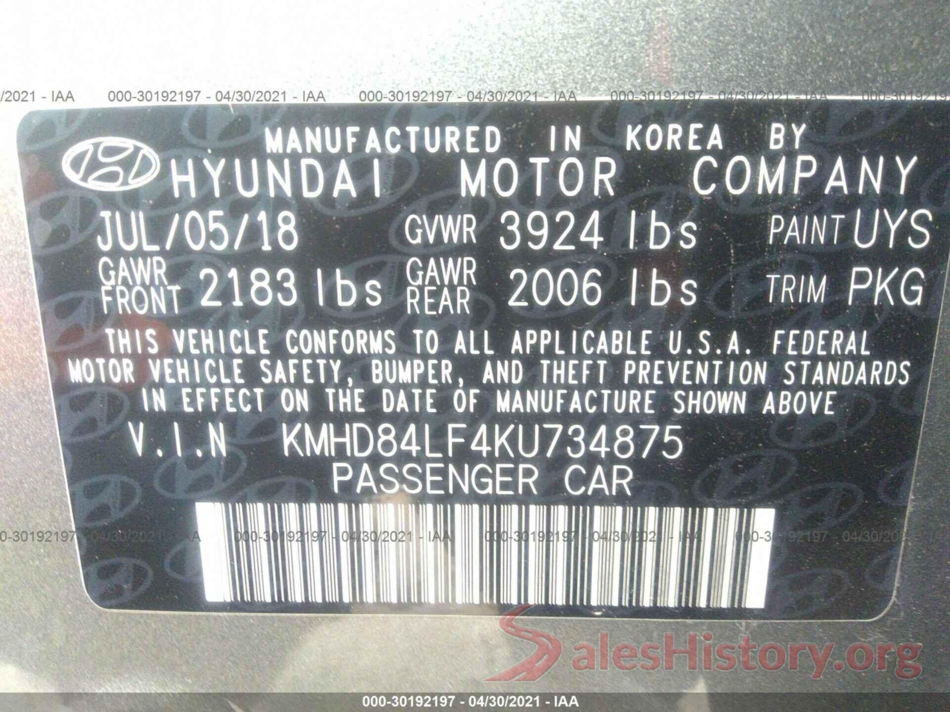 KMHD84LF4KU734875 2019 HYUNDAI ELANTRA