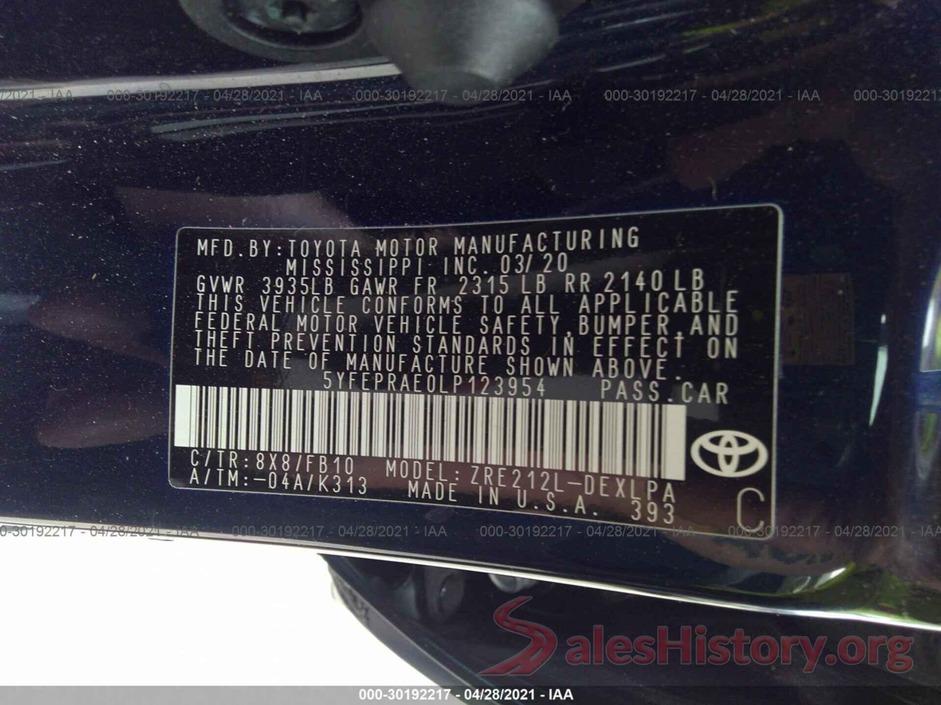 5YFEPRAE0LP123954 2020 TOYOTA COROLLA