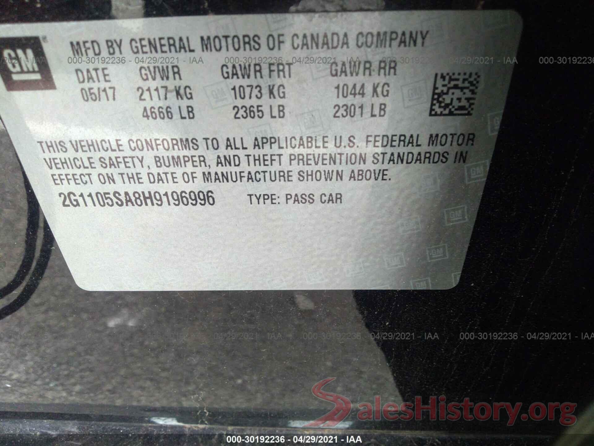 2G1105SA8H9196996 2017 CHEVROLET IMPALA