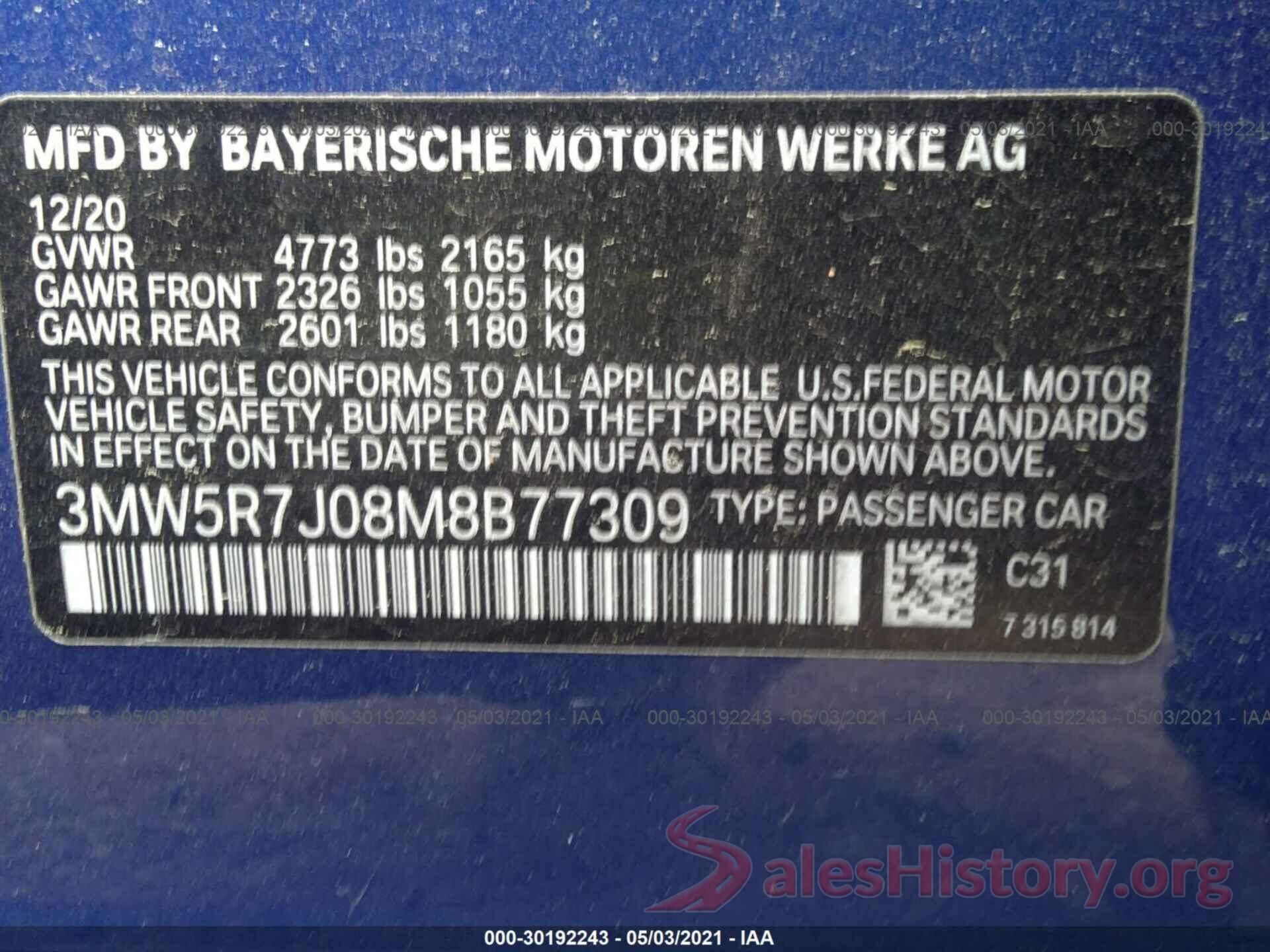 3MW5R7J08M8B77309 2021 BMW 3 SERIES