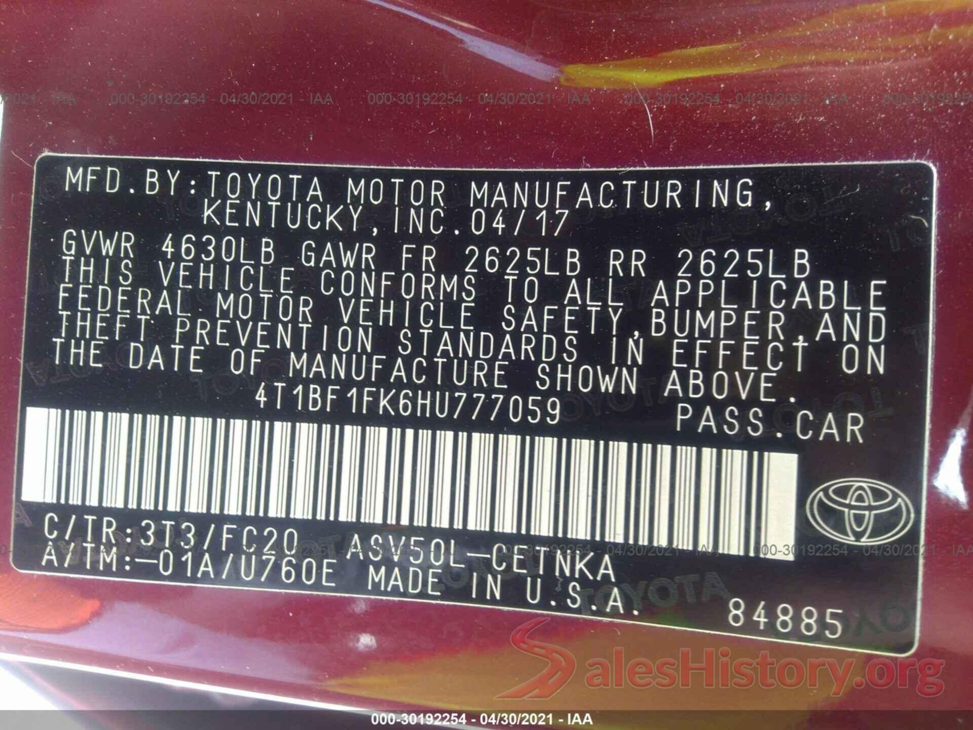 4T1BF1FK6HU777059 2017 TOYOTA CAMRY