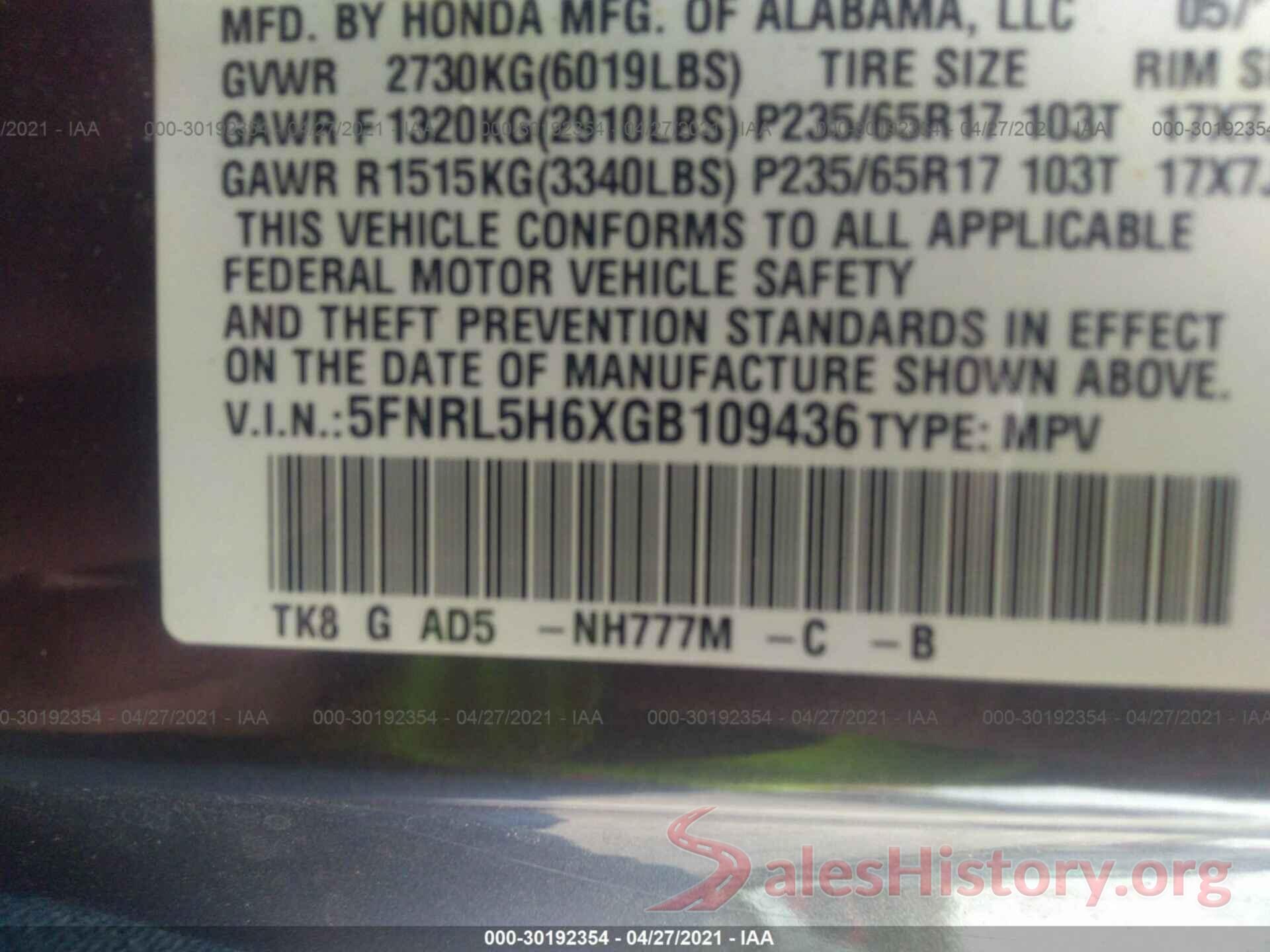 5FNRL5H6XGB109436 2016 HONDA ODYSSEY