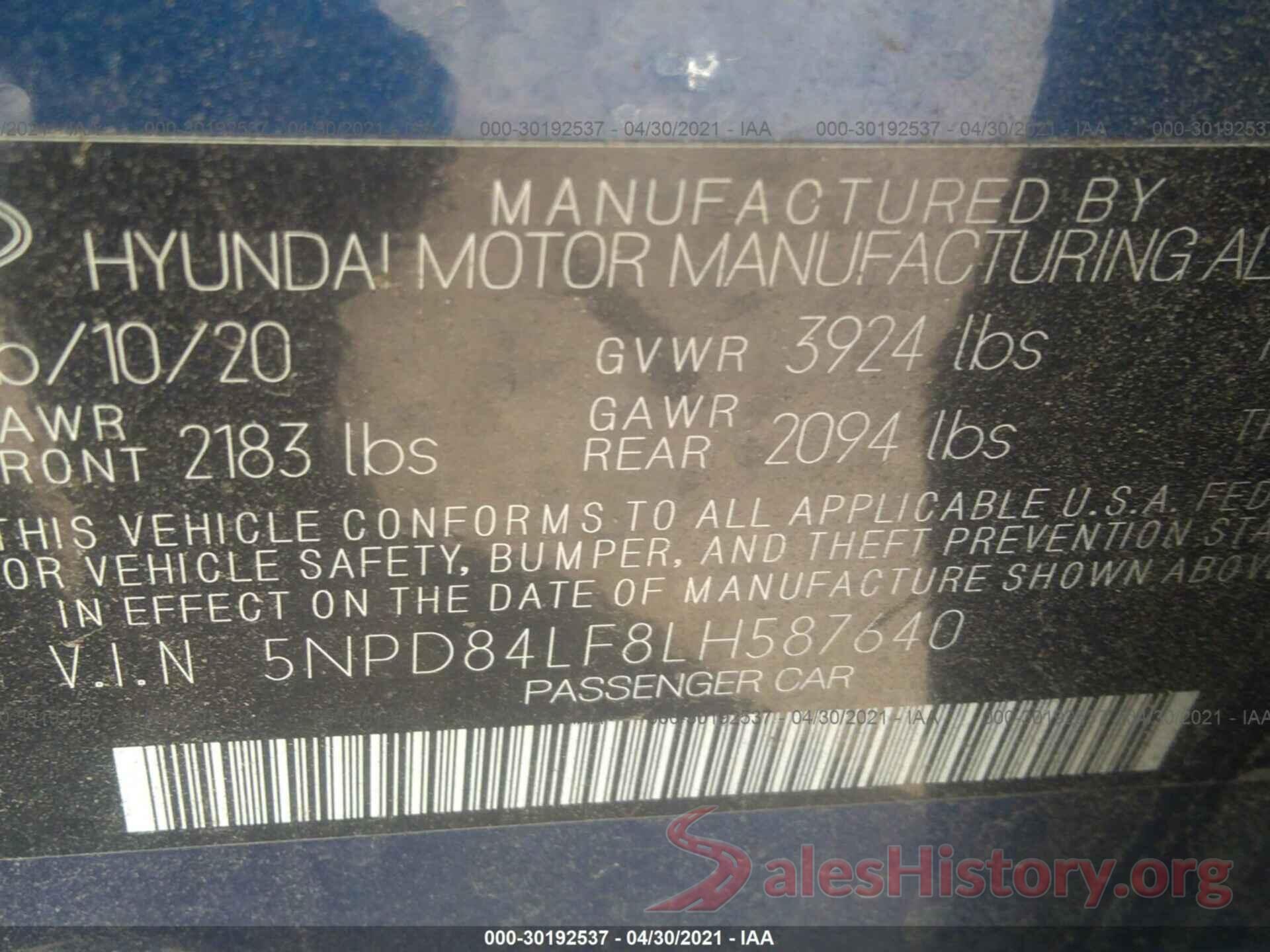 5NPD84LF8LH587640 2020 HYUNDAI ELANTRA