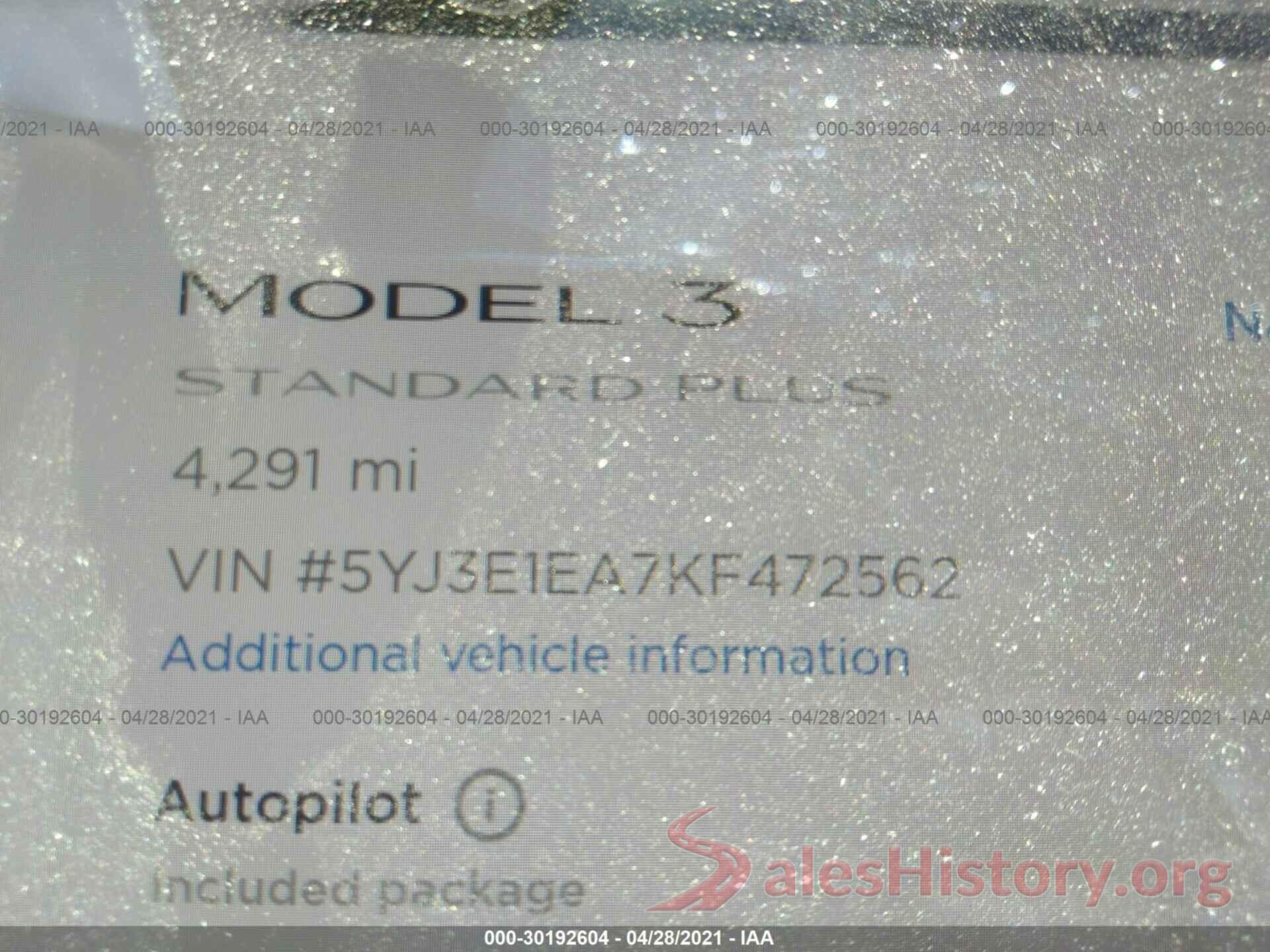 5YJ3E1EA7KF472562 2019 TESLA MODEL 3