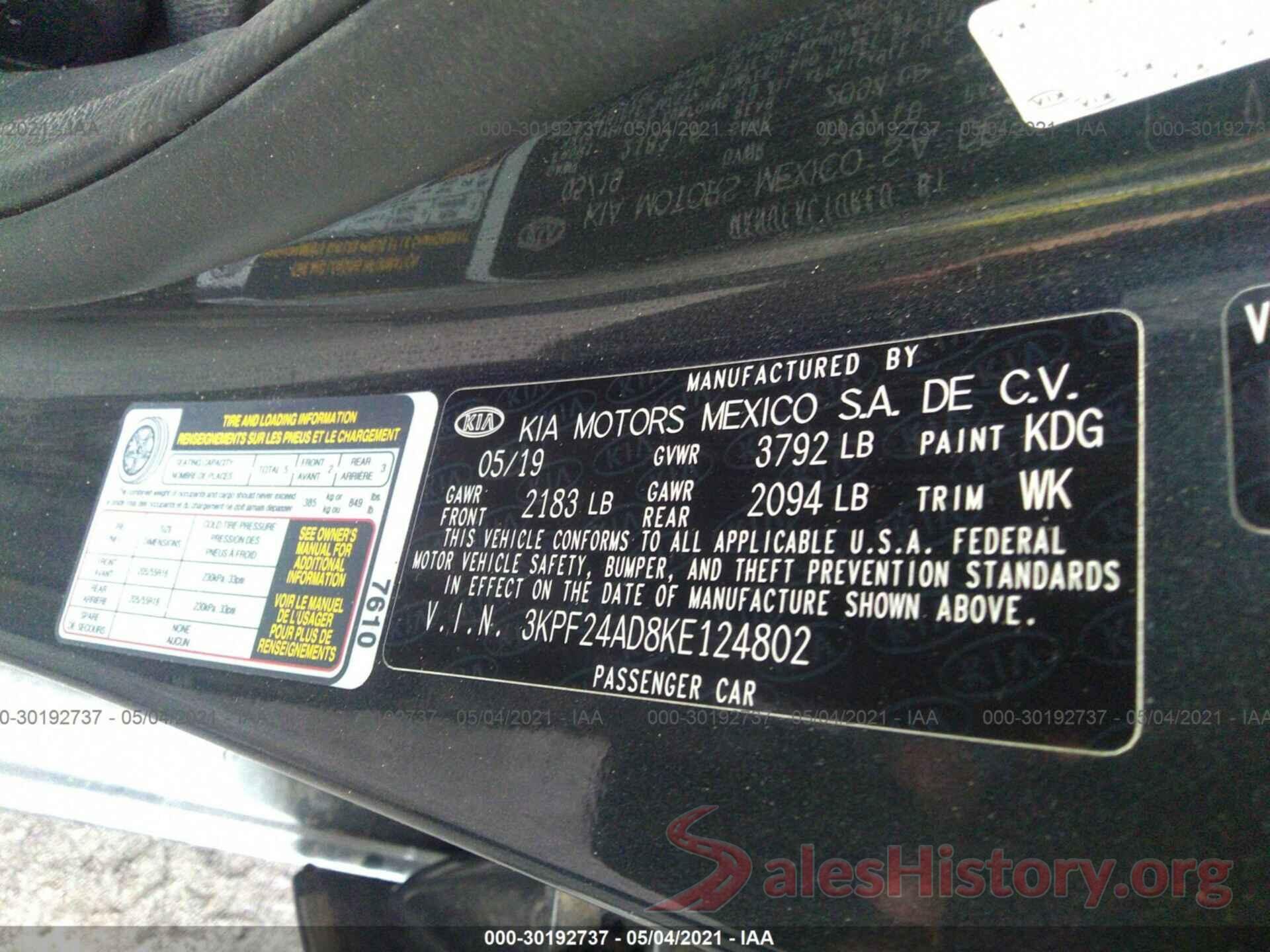 3KPF24AD8KE124802 2019 KIA FORTE