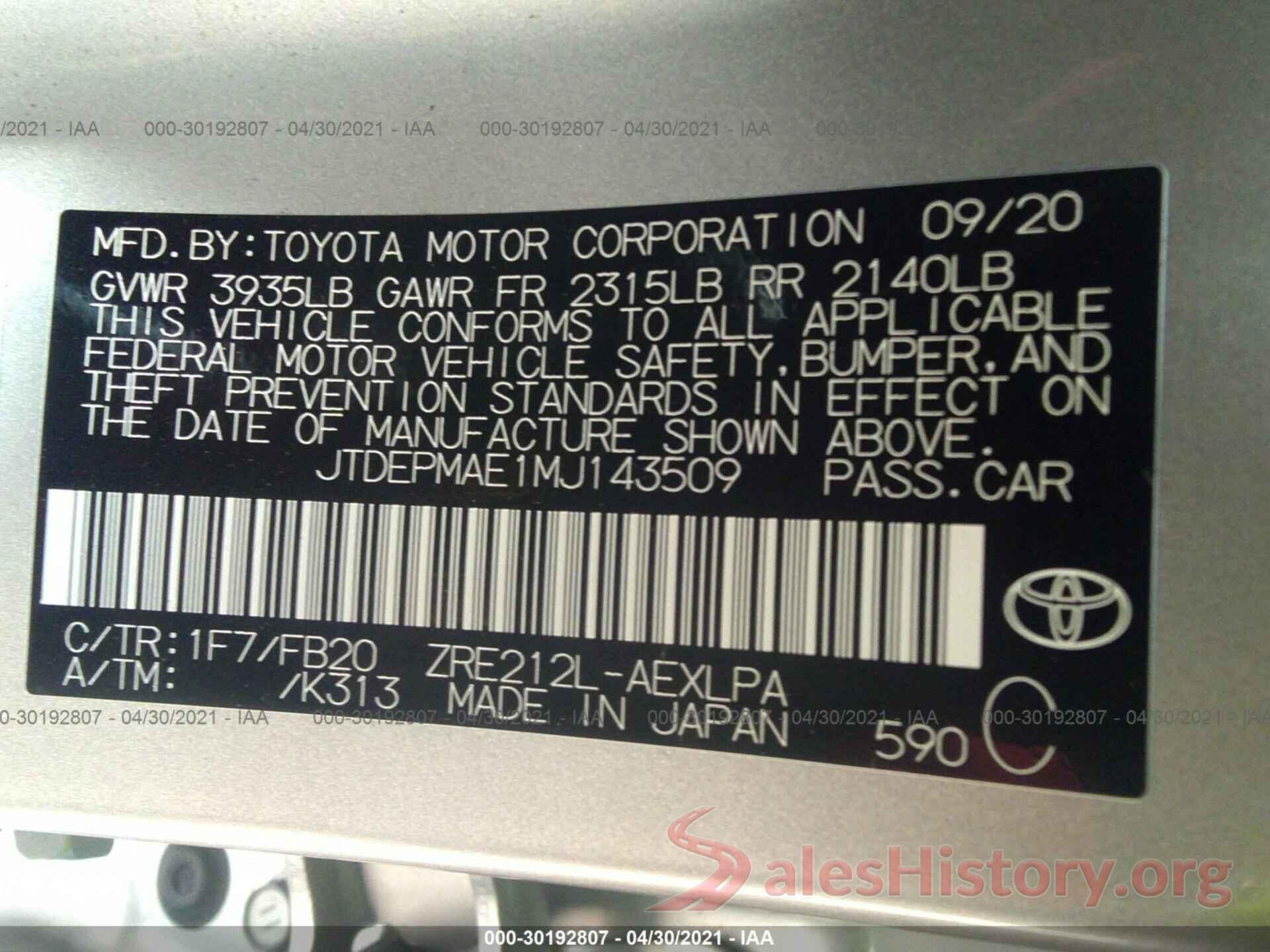 JTDEPMAE1MJ143509 2021 TOYOTA COROLLA