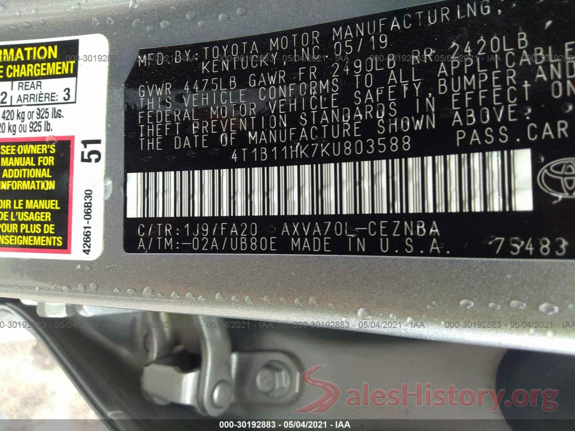 4T1B11HK7KU803588 2019 TOYOTA CAMRY