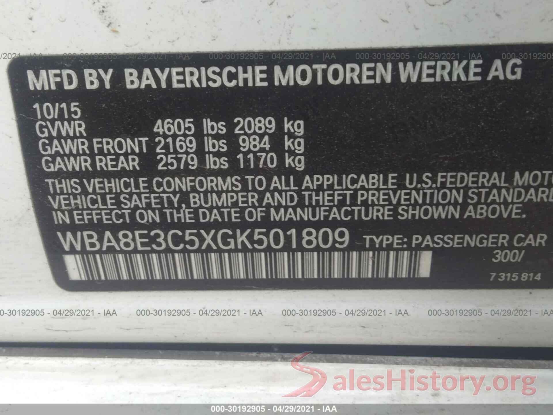 WBA8E3C5XGK501809 2016 BMW 3 SERIES