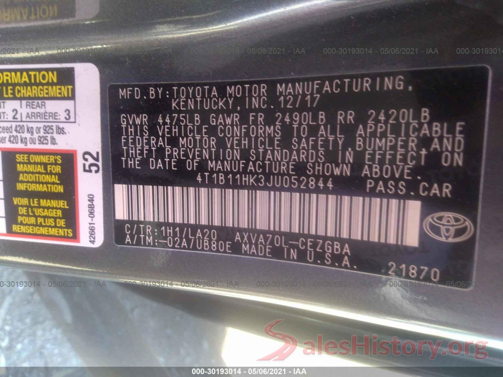 4T1B11HK3JU052844 2018 TOYOTA CAMRY