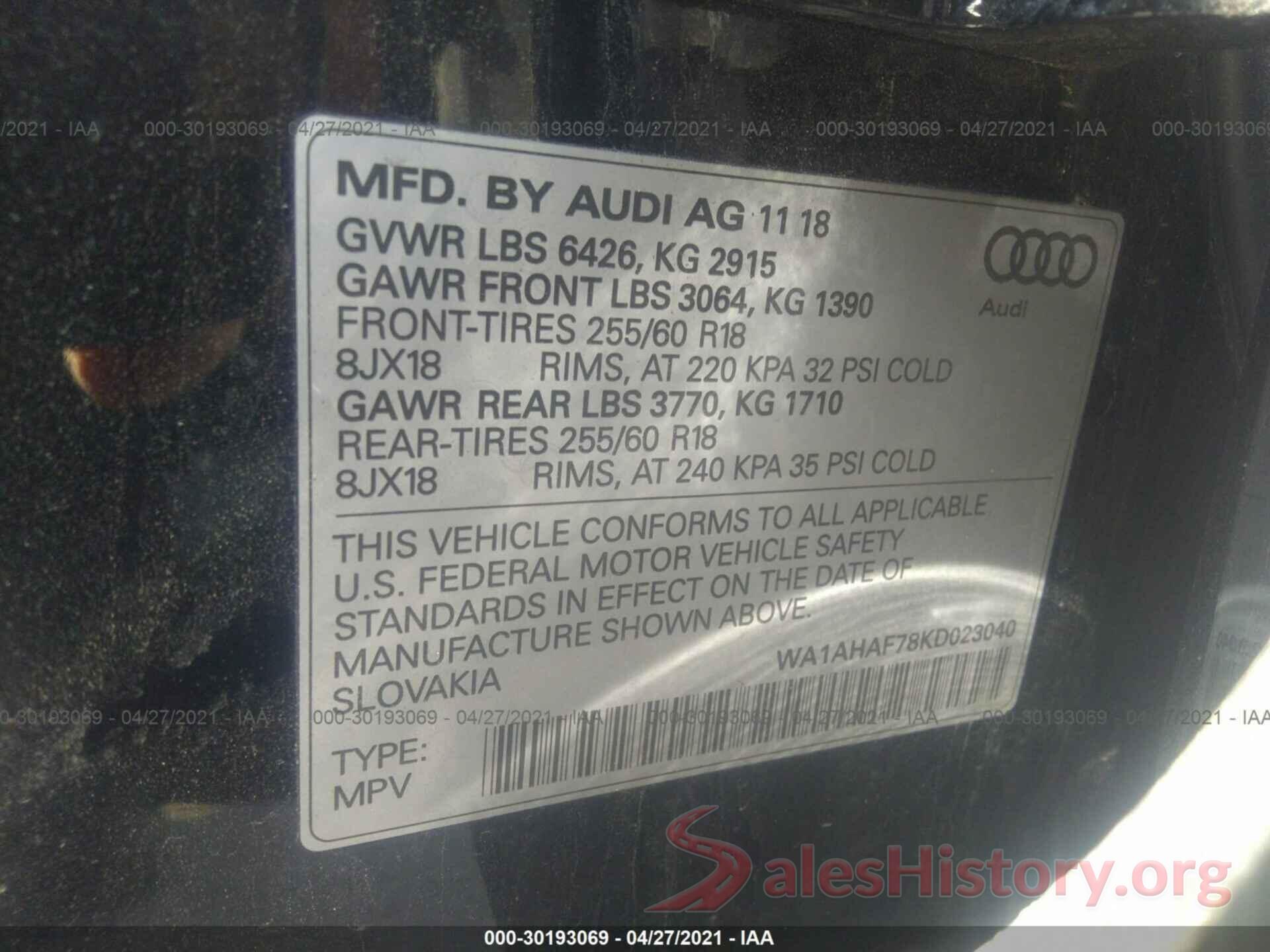 WA1AHAF78KD023040 2019 AUDI Q7