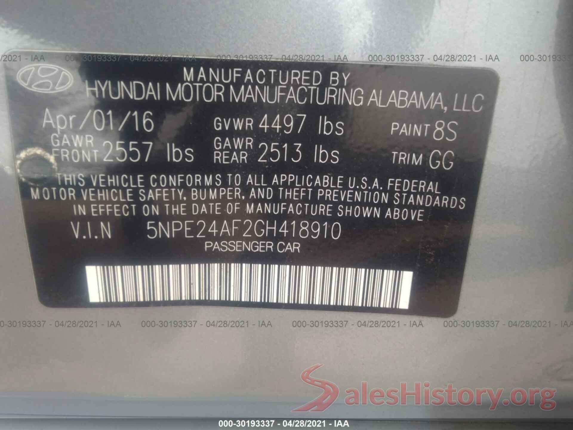 5NPE24AF2GH418910 2016 HYUNDAI SONATA