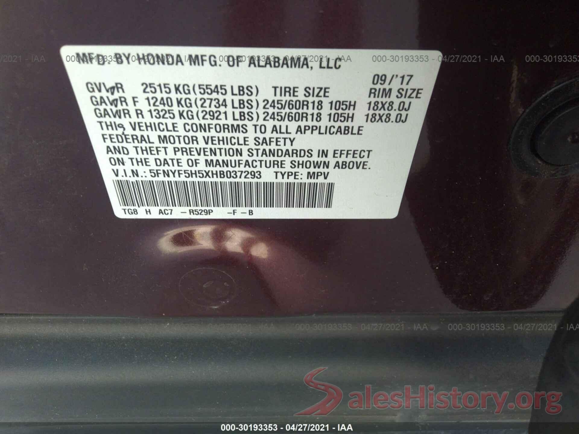 5FNYF5H5XHB037293 2017 HONDA PILOT