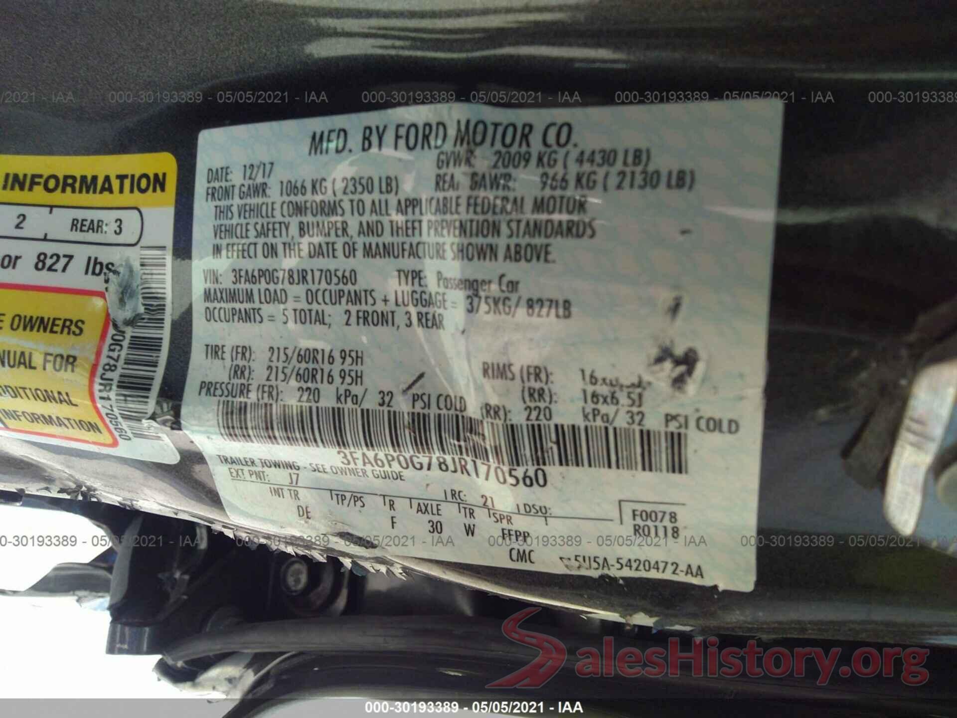 3FA6P0G78JR170560 2018 FORD FUSION