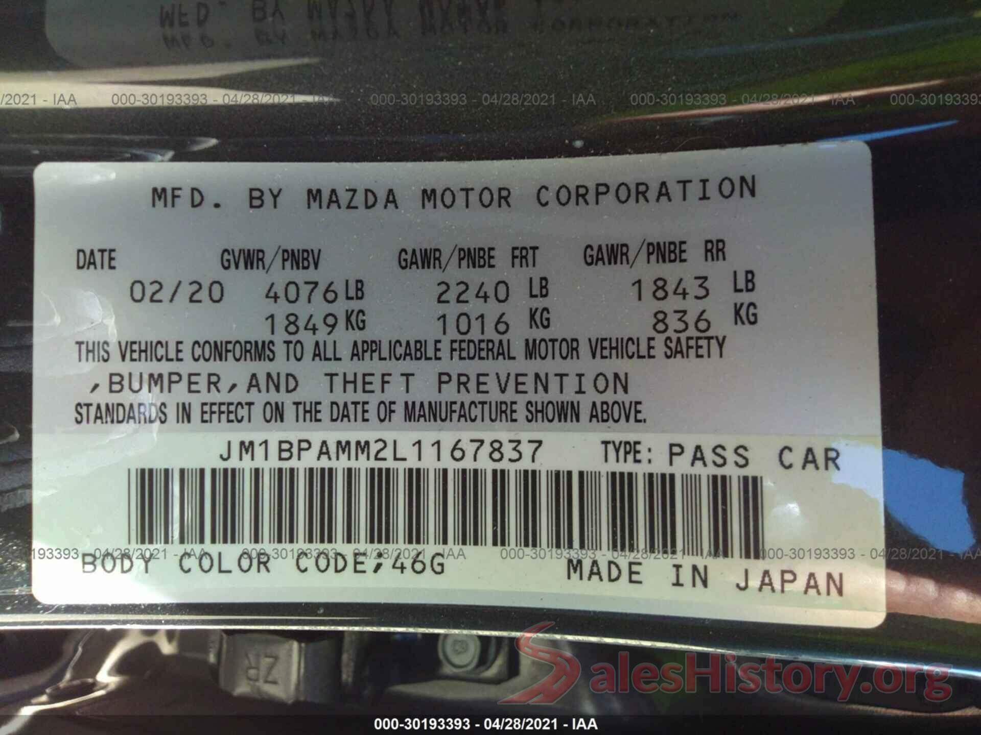 JM1BPAMM2L1167837 2020 MAZDA MAZDA3 HATCHBACK