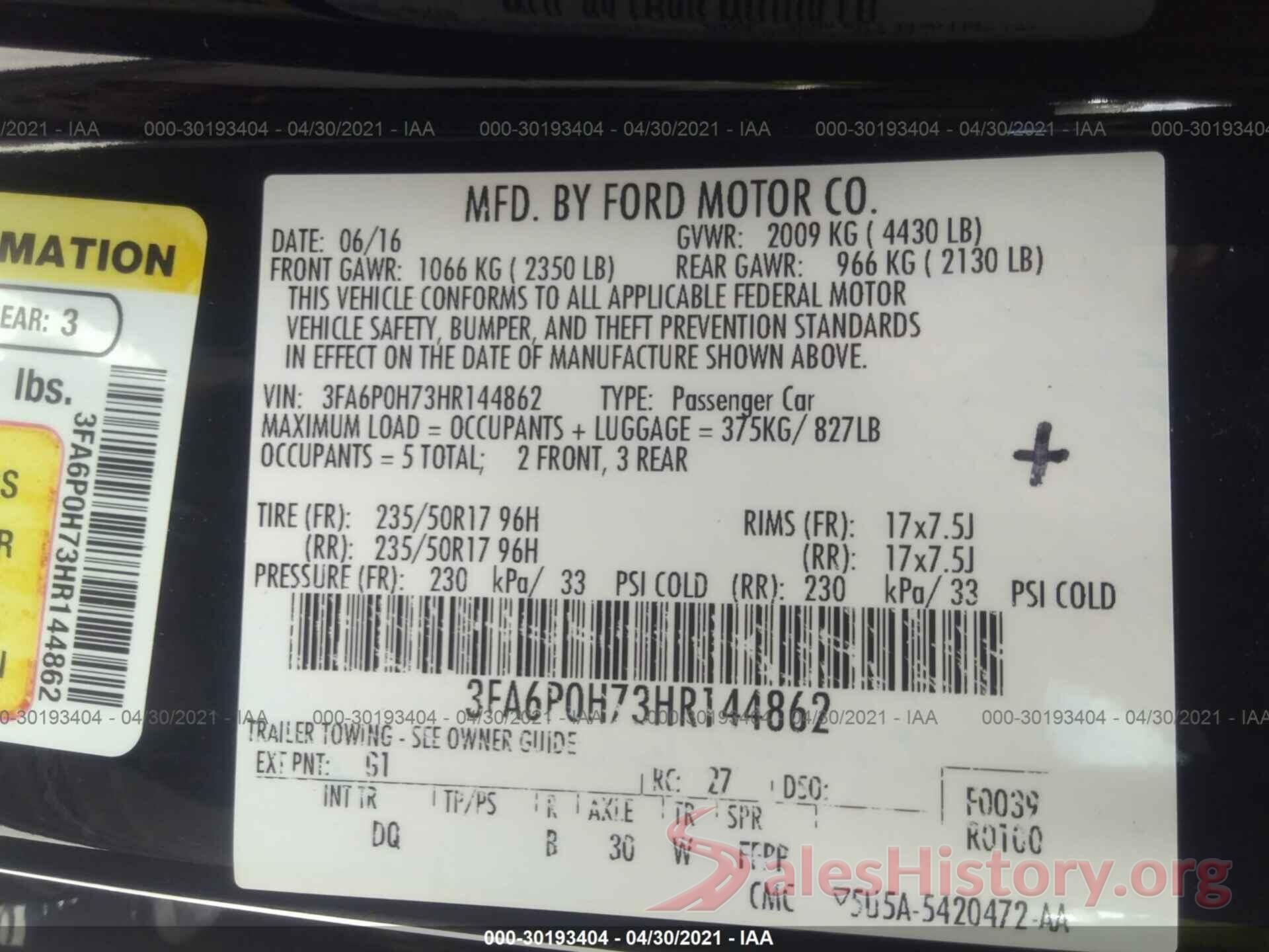 3FA6P0H73HR144862 2017 FORD FUSION