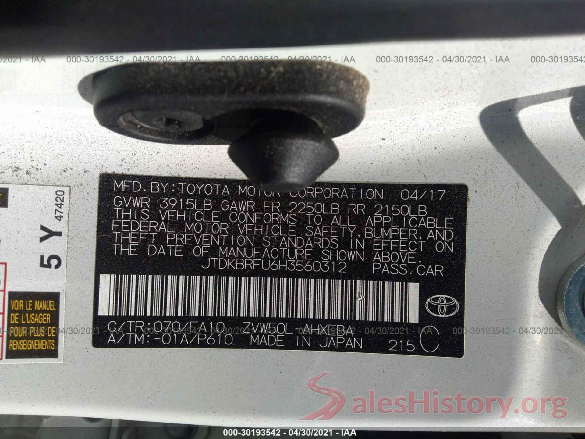 JTDKBRFU6H3560312 2017 TOYOTA PRIUS