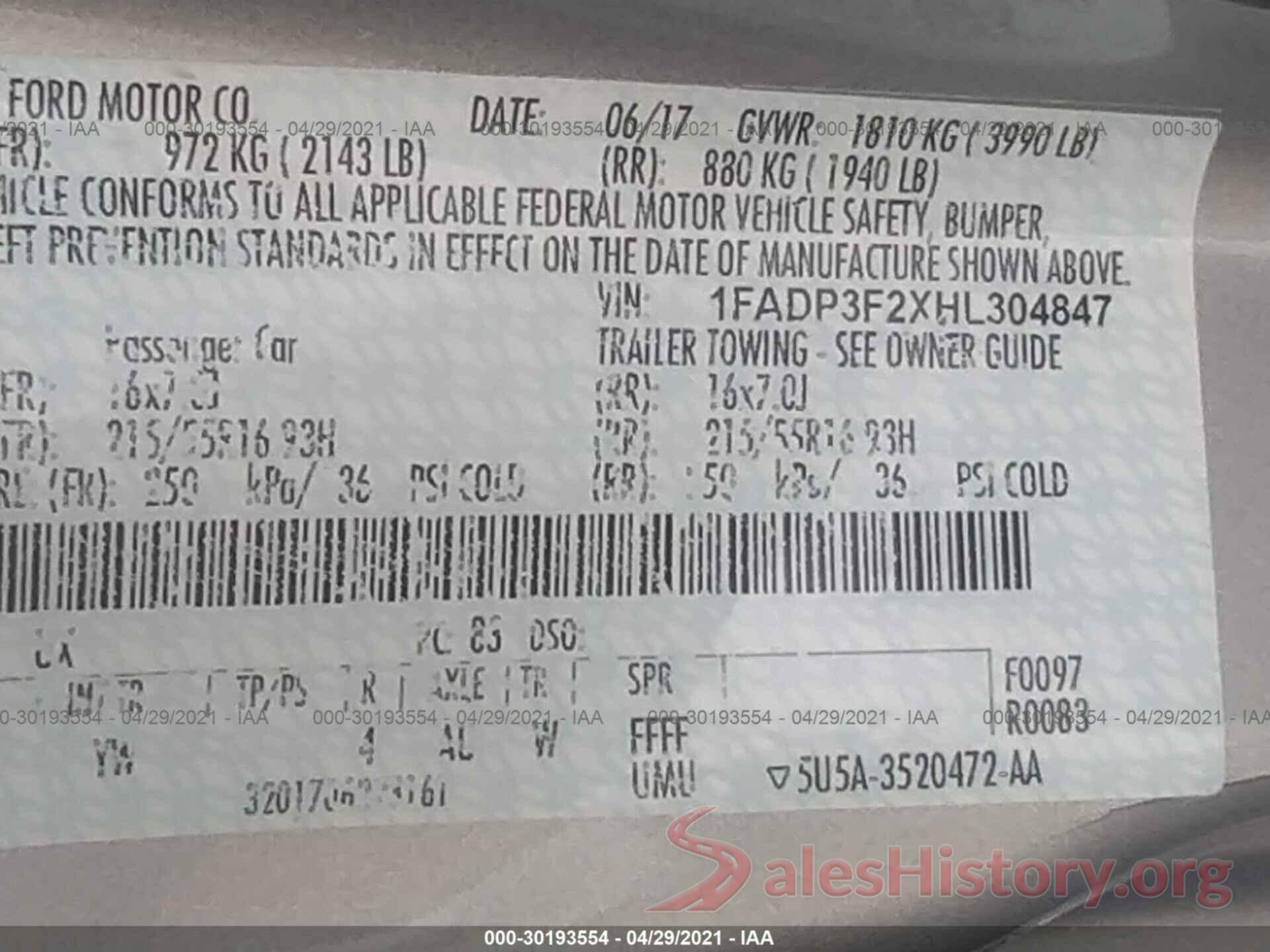 1FADP3F2XHL304847 2017 FORD FOCUS