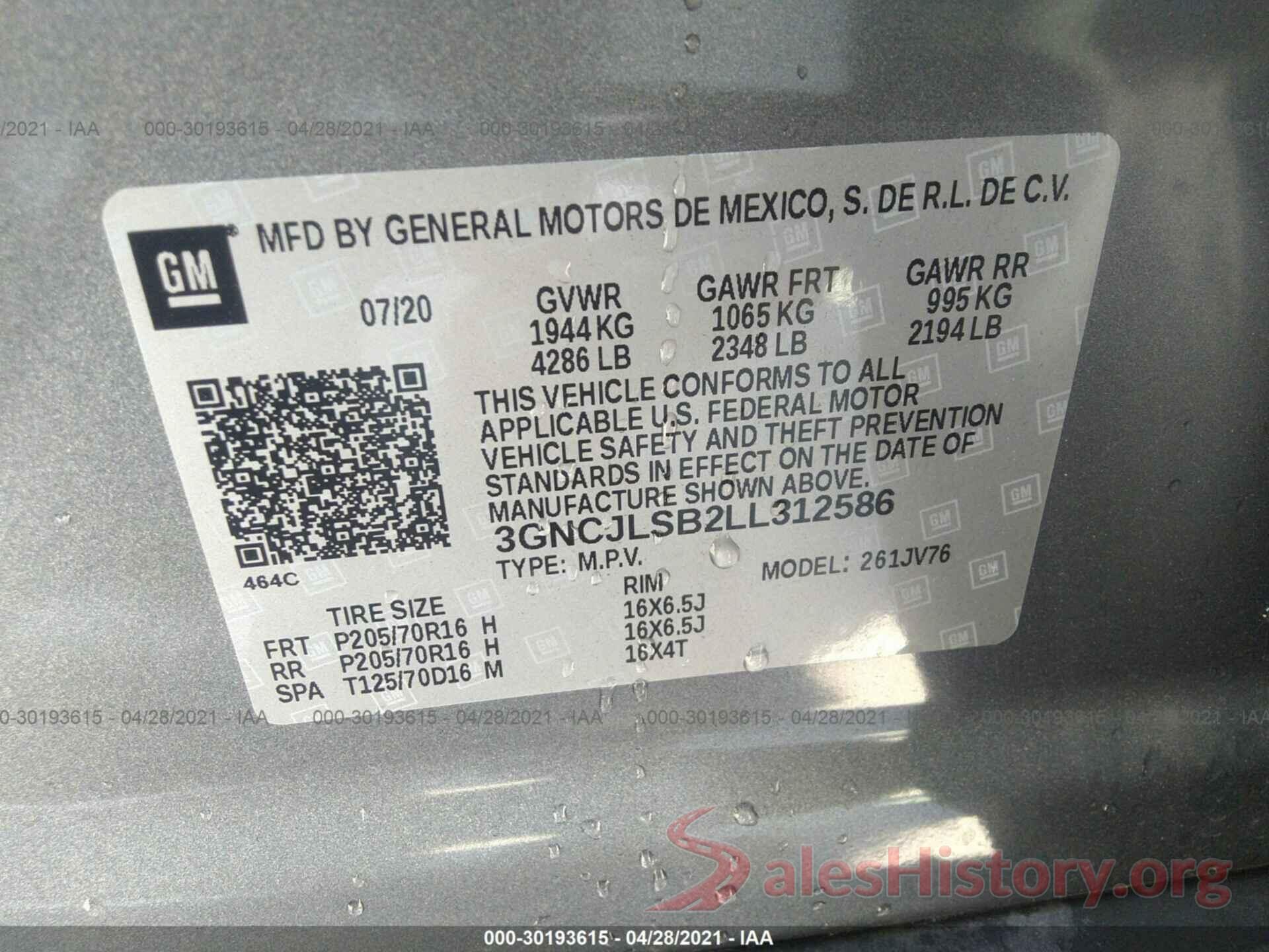 3GNCJLSB2LL312586 2020 CHEVROLET TRAX