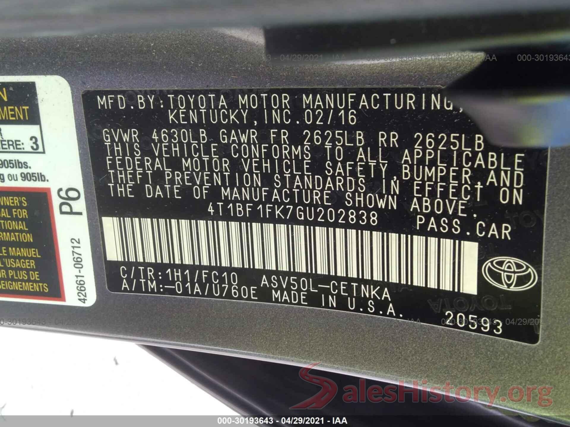 4T1BF1FK7GU202838 2016 TOYOTA CAMRY