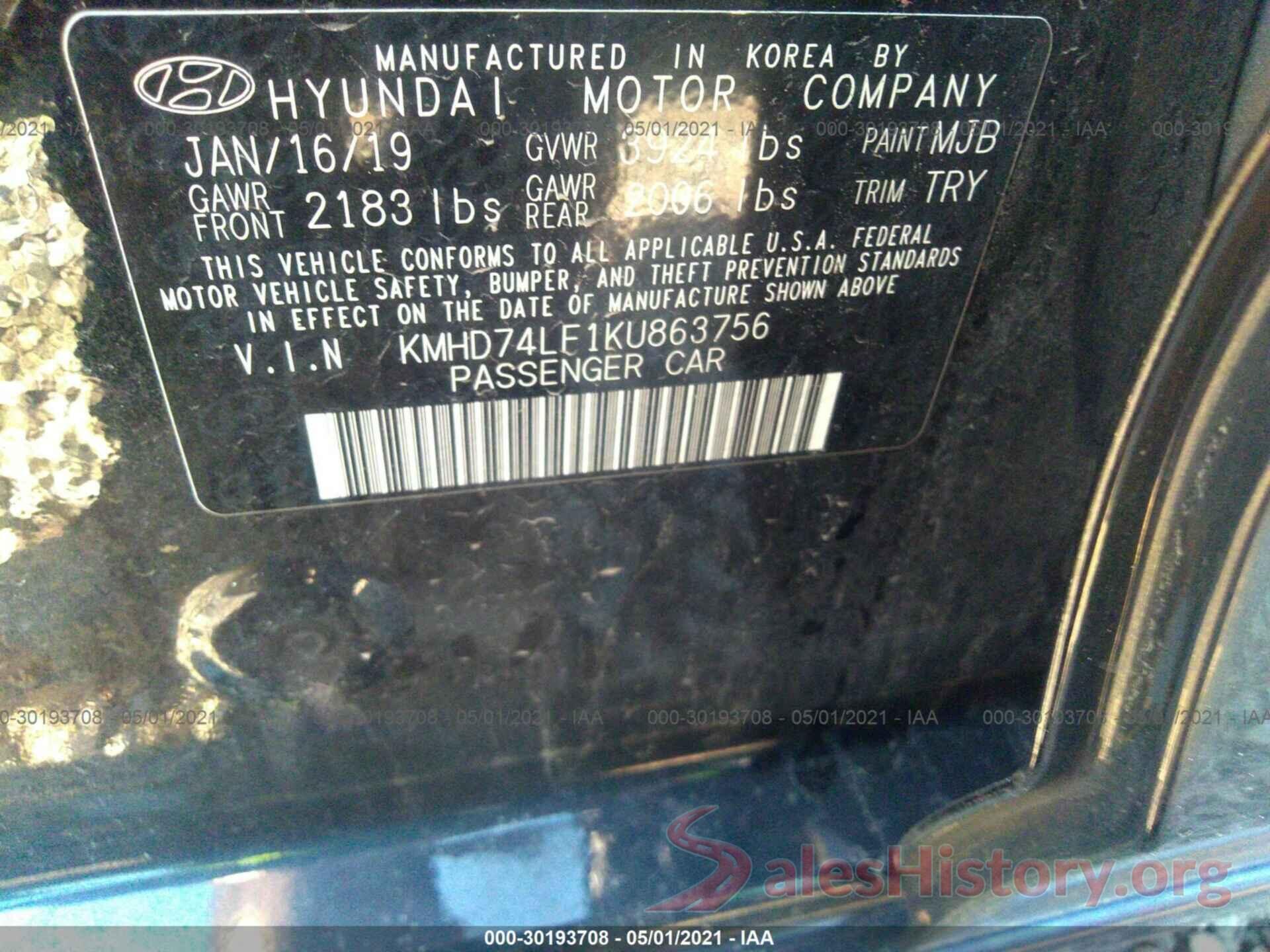 KMHD74LF1KU863756 2019 HYUNDAI ELANTRA