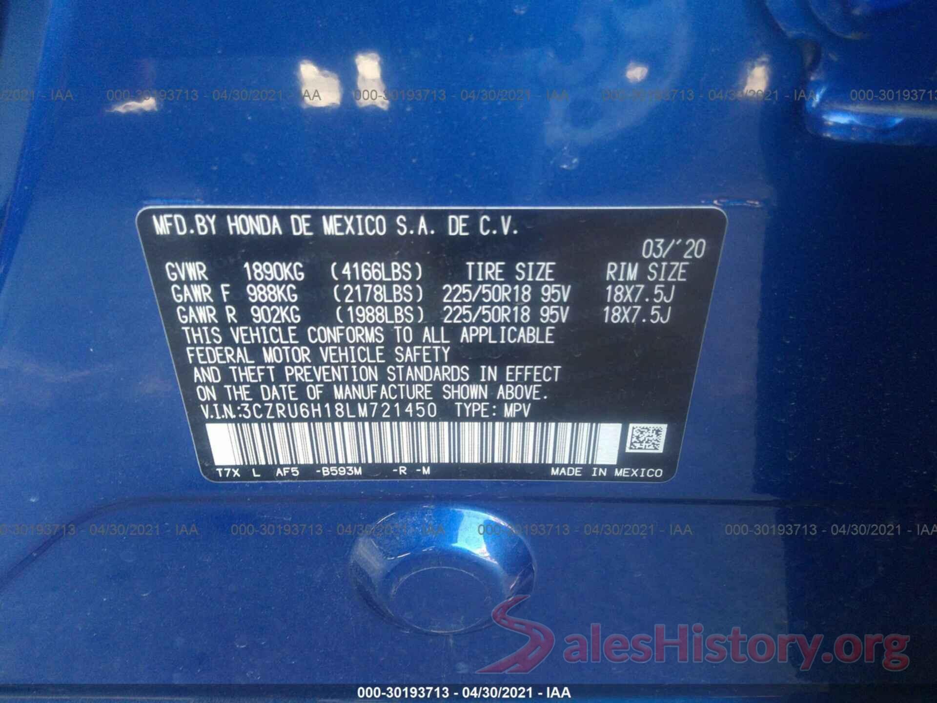 3CZRU6H18LM721450 2020 HONDA HR-V