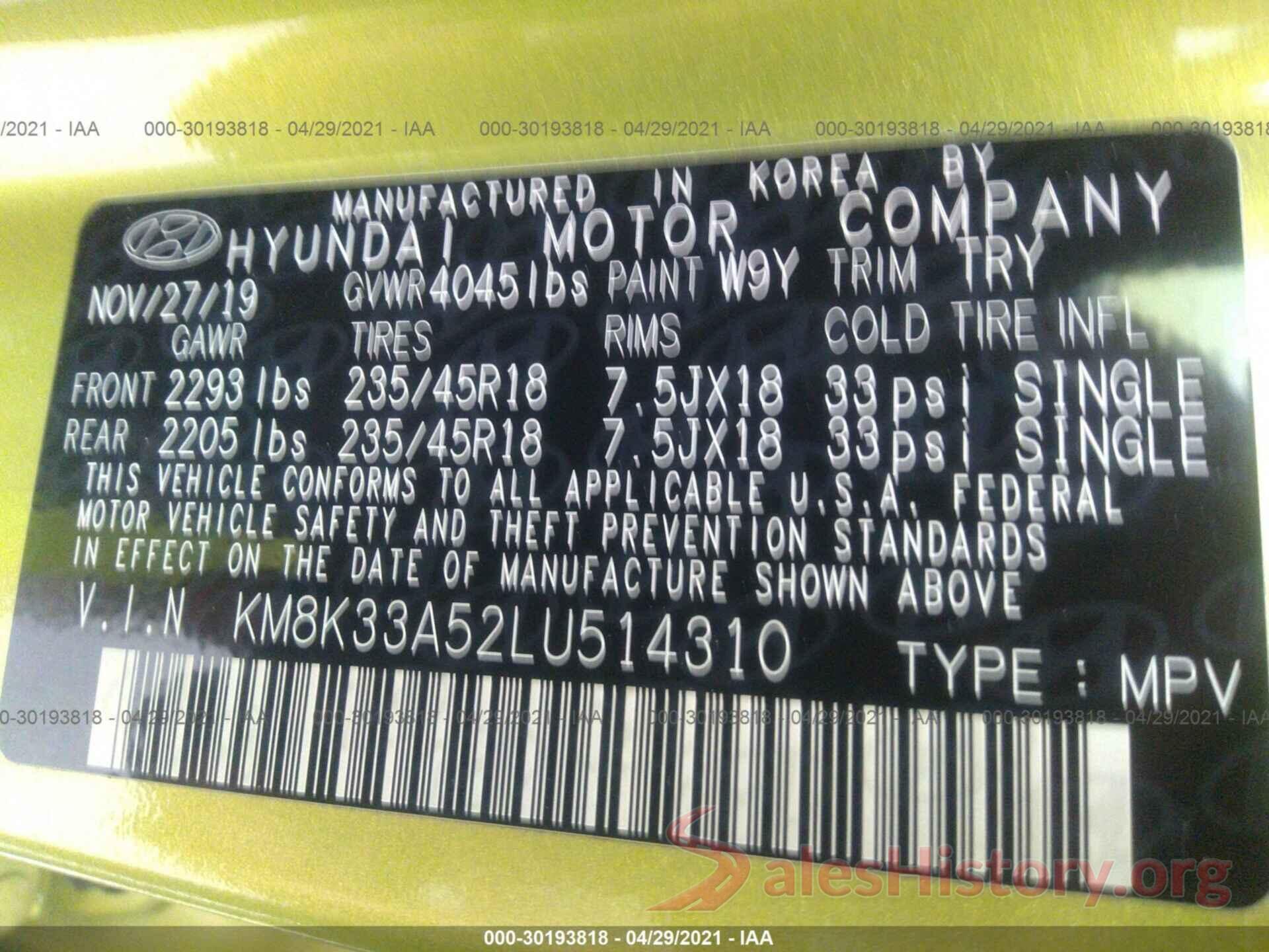 KM8K33A52LU514310 2020 HYUNDAI KONA