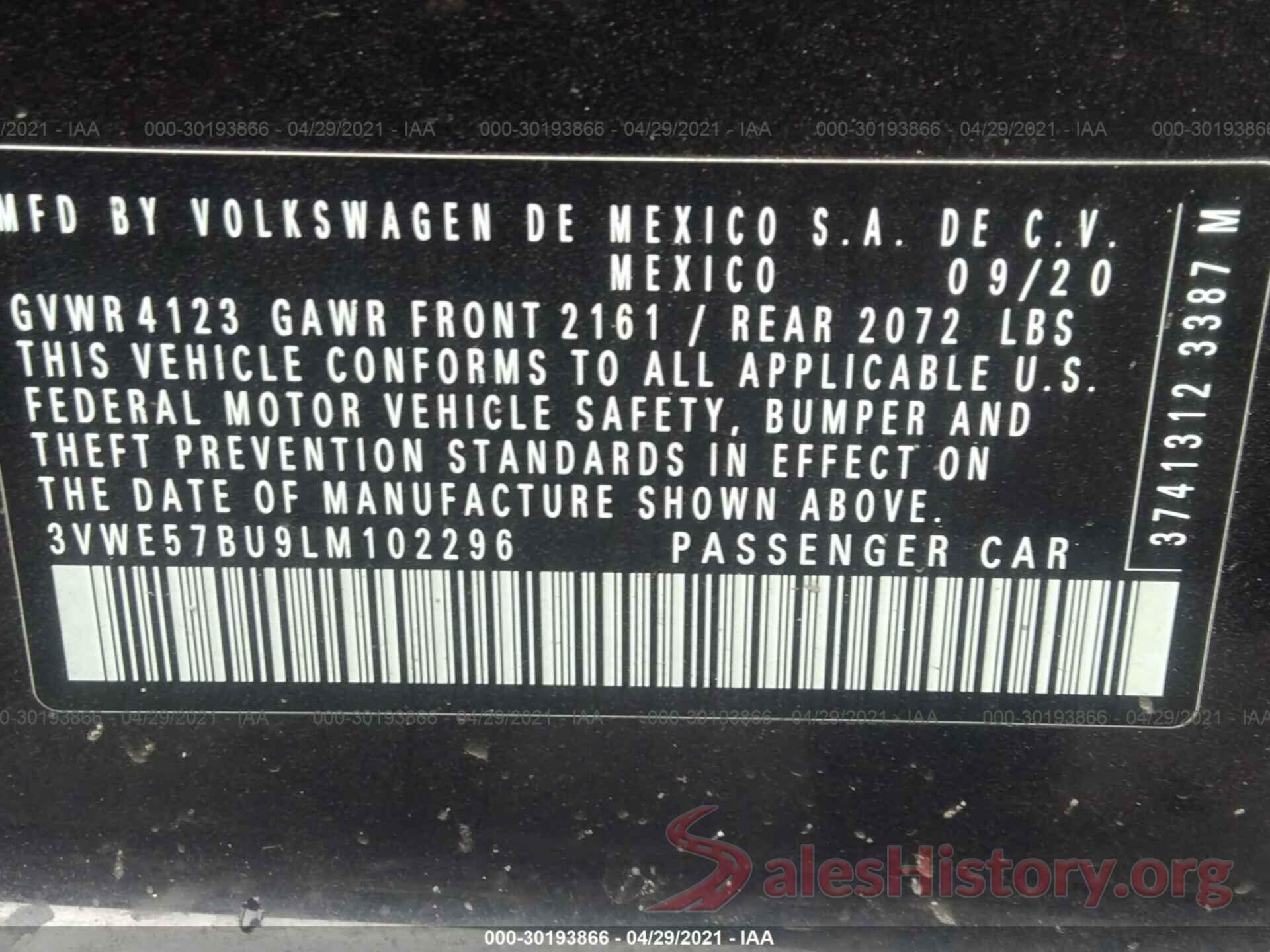 3VWE57BU9LM102296 2020 VOLKSWAGEN JETTA