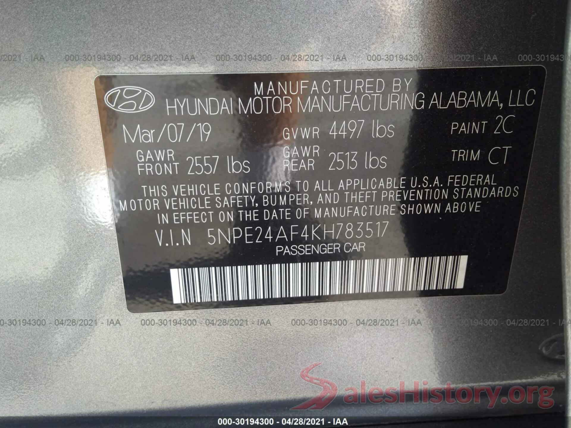 5NPE24AF4KH783517 2019 HYUNDAI SONATA